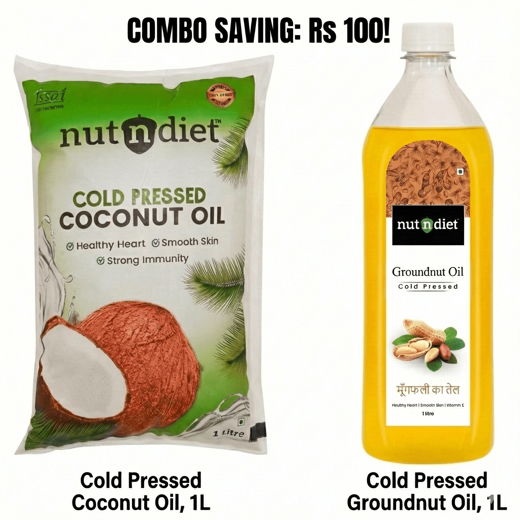 COMBO: Cold Pressed Coconut Oil Pouch 1 Litre + Cold Pressed Groundnut Oil PET Bottle 1 Litre