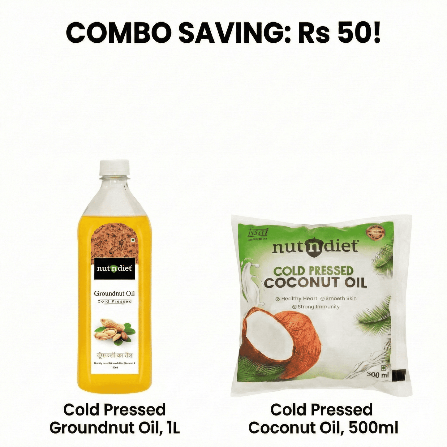 COMBO: Cold Pressed Groundnut Oil PET Bottle 1 Litre + Cold Pressed Coconut Oil Pouch 500ml - nutndiet