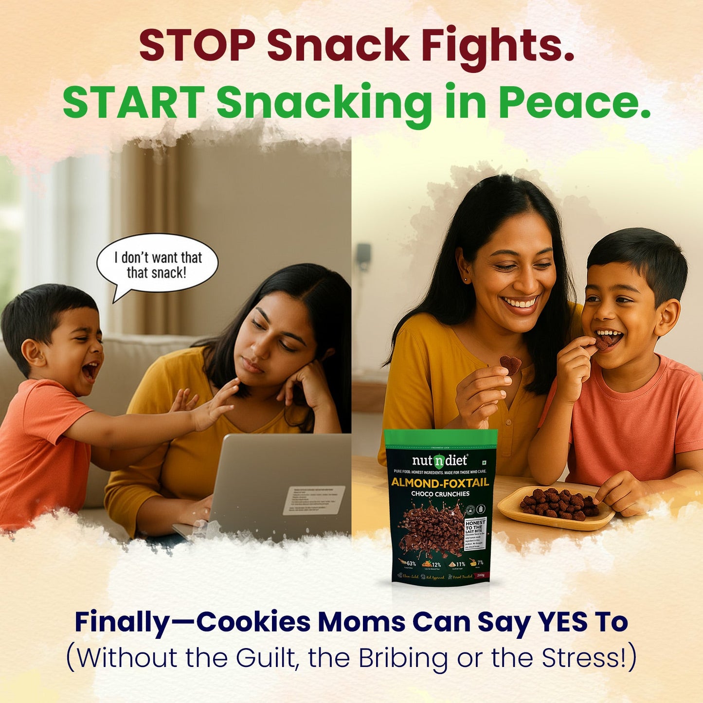 nutndiet® Almond Foxtail Choco Crunchies | 12% Low Fat Almond Flour | 63% Foxtail Millet | Clean - label | Gluten - Free | Unrefined Sugar & Pure Honey | Kid - Approved | Parent Trusted | Peace of Mind in a Packet | 200g - nutndiet