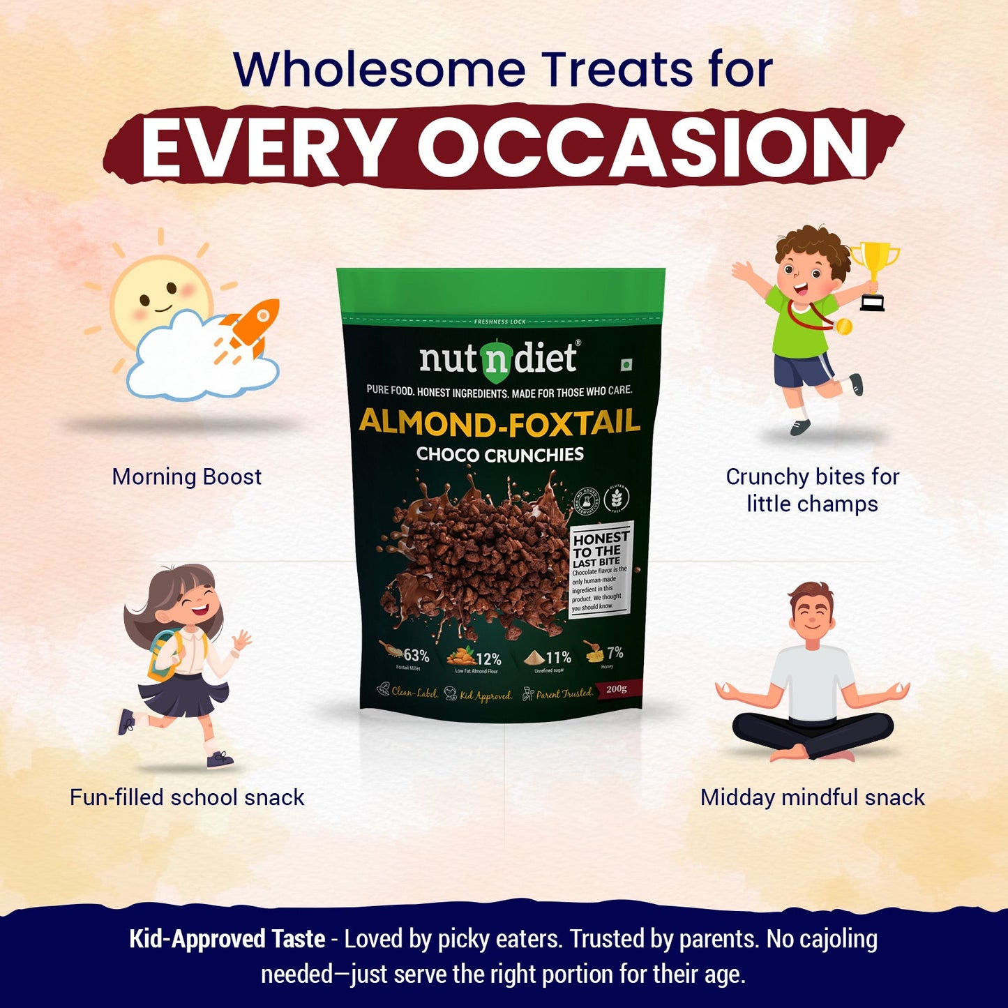 nutndiet® Almond Foxtail Choco Crunchies | 12% Low Fat Almond Flour | 63% Foxtail Millet | Clean - label | Gluten - Free | Unrefined Sugar & Pure Honey | Kid - Approved | Parent Trusted | Peace of Mind in a Packet | 200g - nutndiet