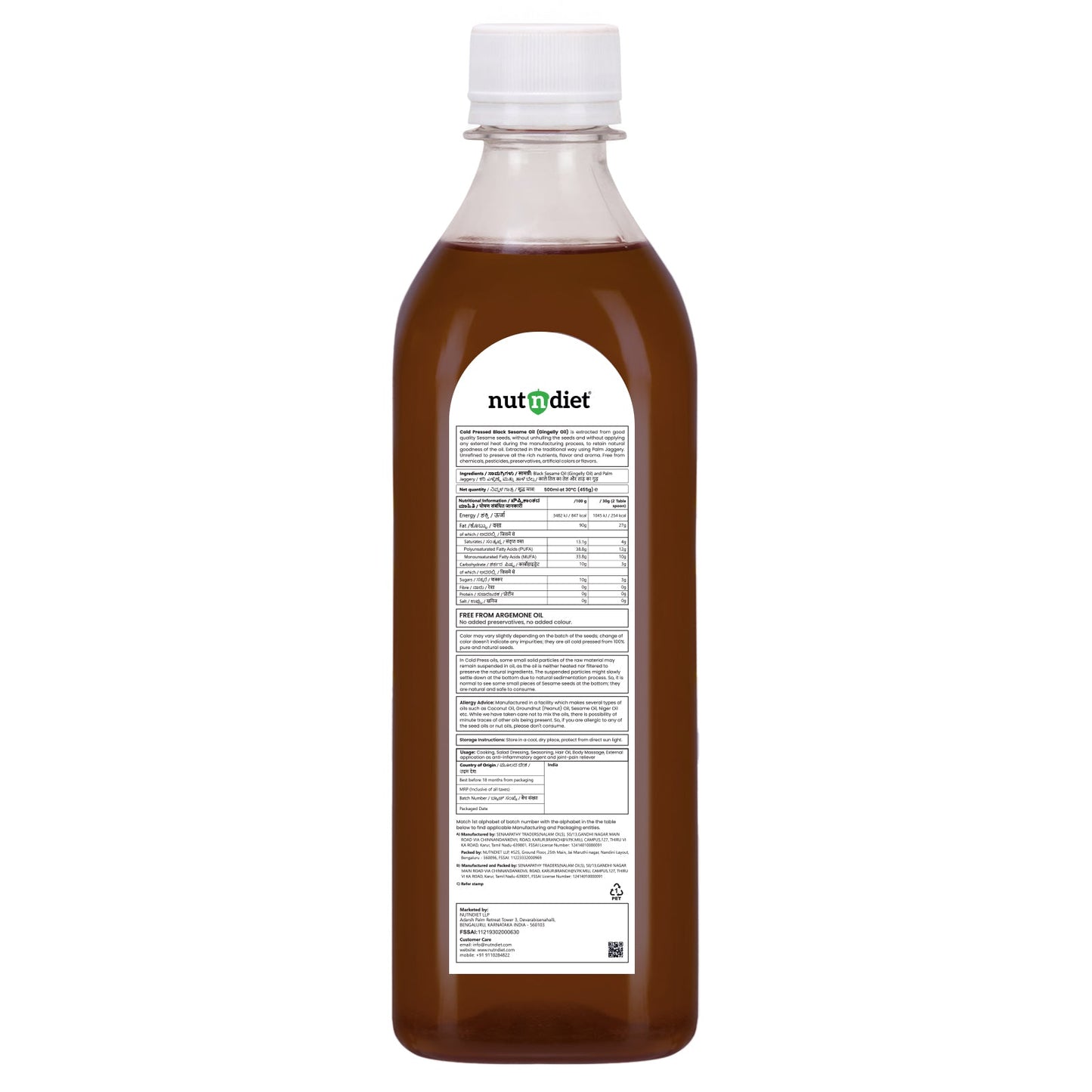 nutndiet Cold Pressed Black Sesame Oil (Gingelly Oil) 500ml PET Bottle - nutndiet