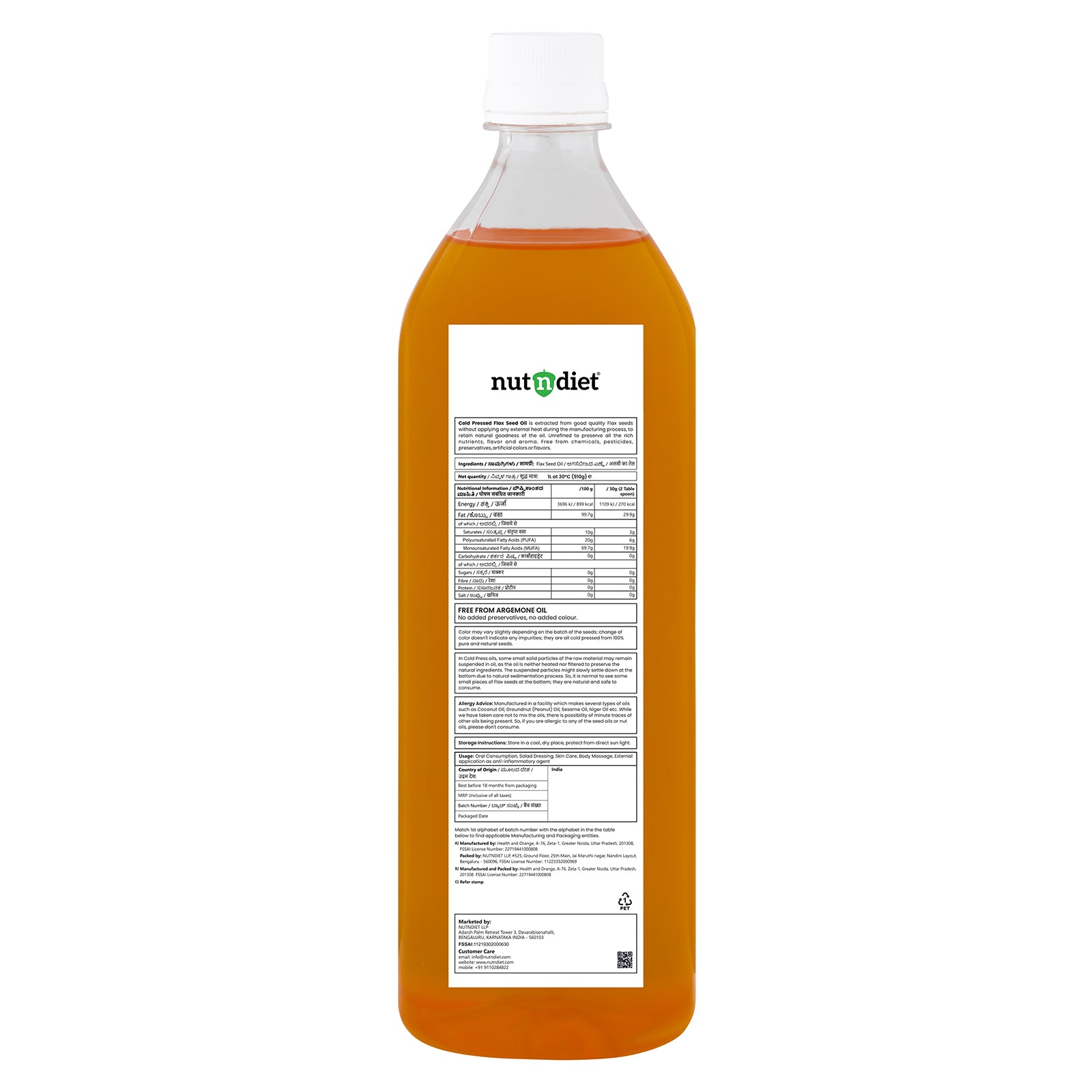 nutndiet Cold Pressed Flax Seed Oil 1 Litre PET Bottle - nutndiet