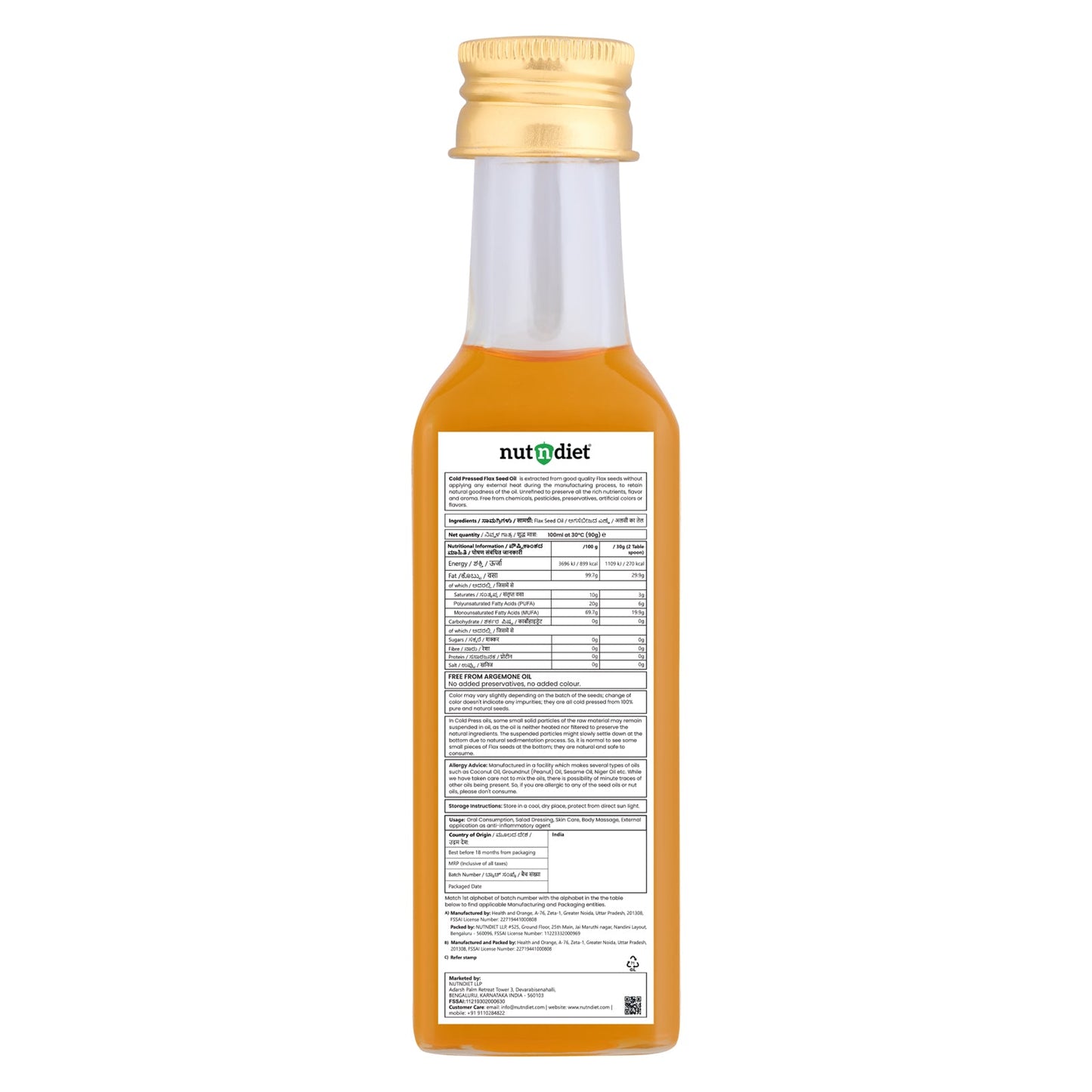 nutndiet Cold Pressed Flax Seed Oil 100ml Glass Bottle - nutndiet