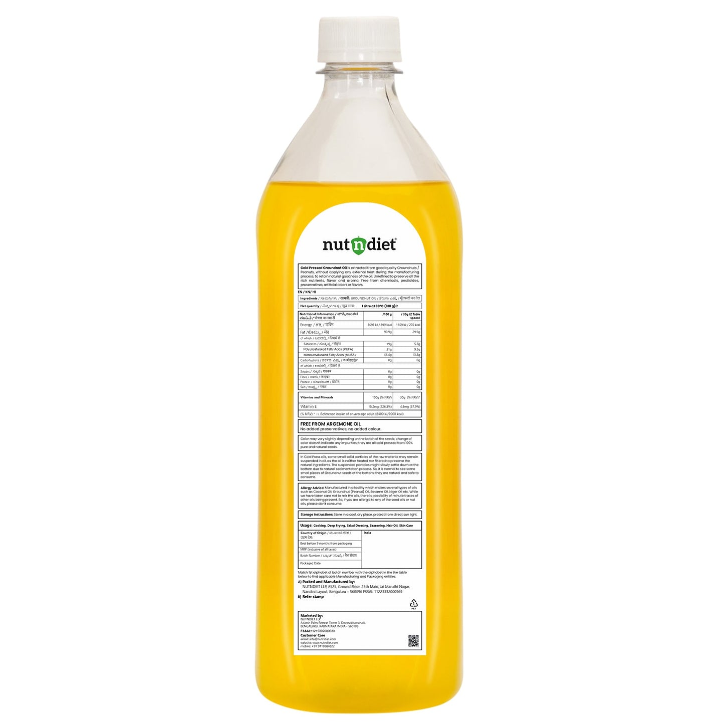nutndiet Cold Pressed Groundnut Oil 1 Litre PET Bottle - nutndiet