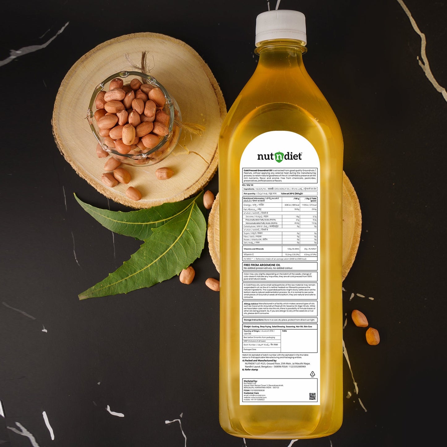nutndiet Cold Pressed Groundnut Oil 1 Litre PET Bottle - nutndiet