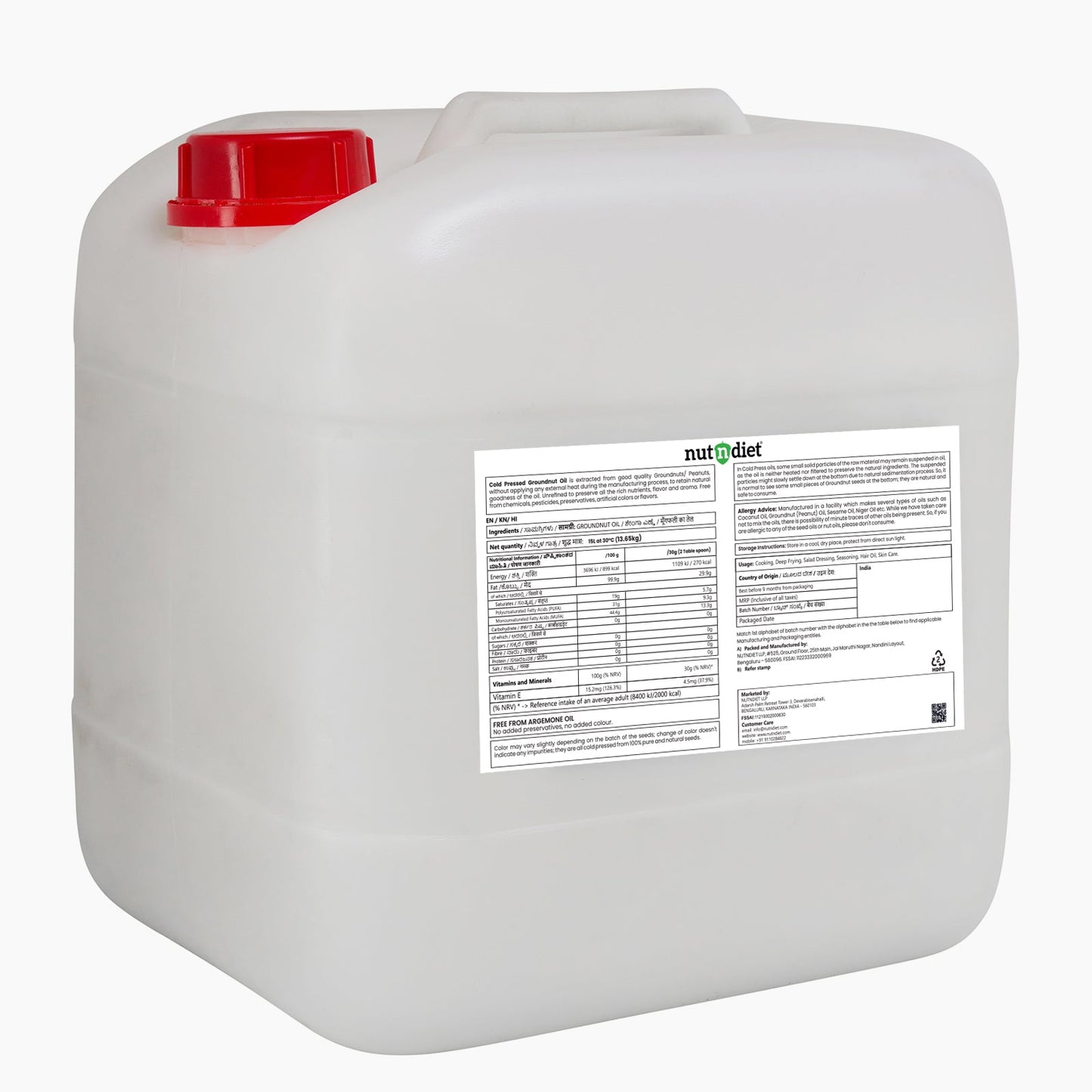 nutndiet Cold Pressed Groundnut Oil 15 Litre CAN - nutndiet