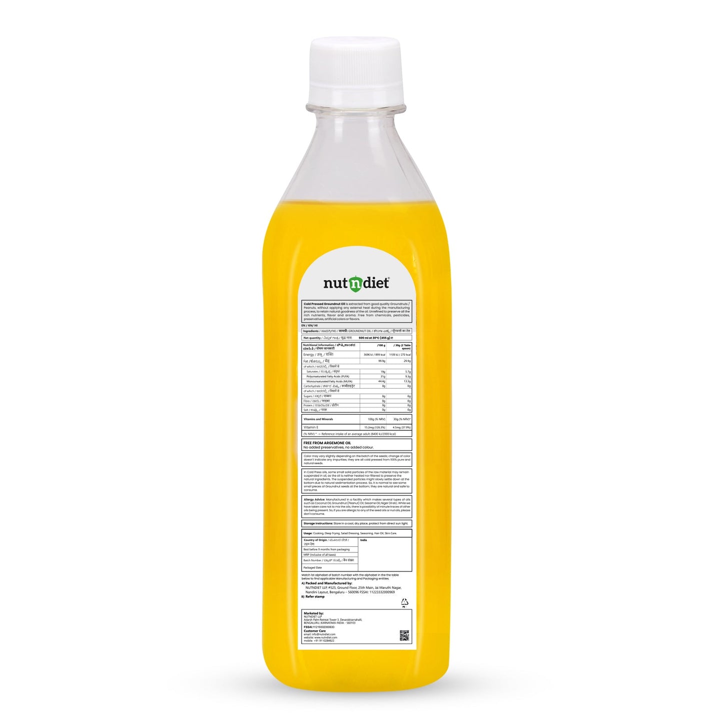 nutndiet Cold Pressed Groundnut Oil 500ml PET Bottle - nutndiet