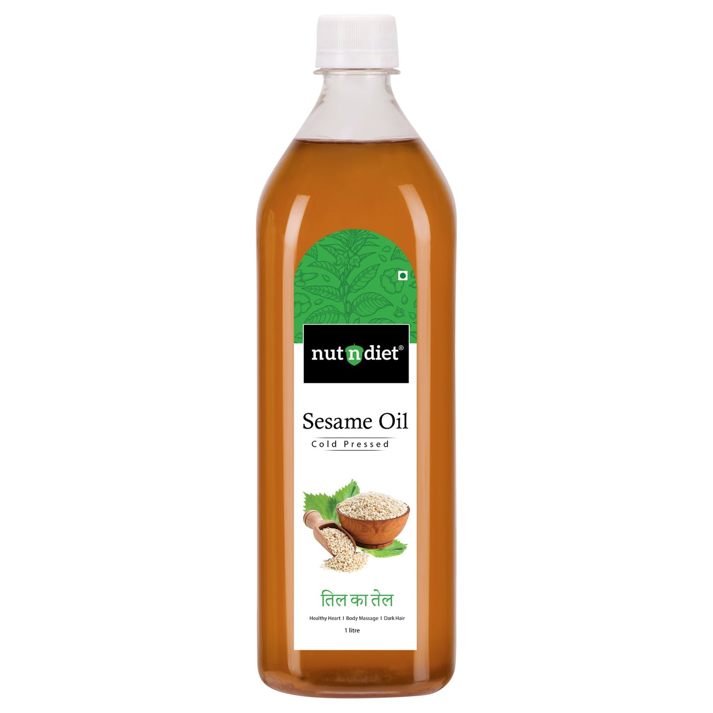 nutndiet Cold Pressed Sesame Oi (100% Cold Pressed (Kacchi Ghani) using Cold press Kolhu/Chekku) (Til ka Tel | तिल का तेल |Ellenne | ಎಳ್ಳೆಣ್ಣೆ) | PET Bottle (1L) - nutndiet