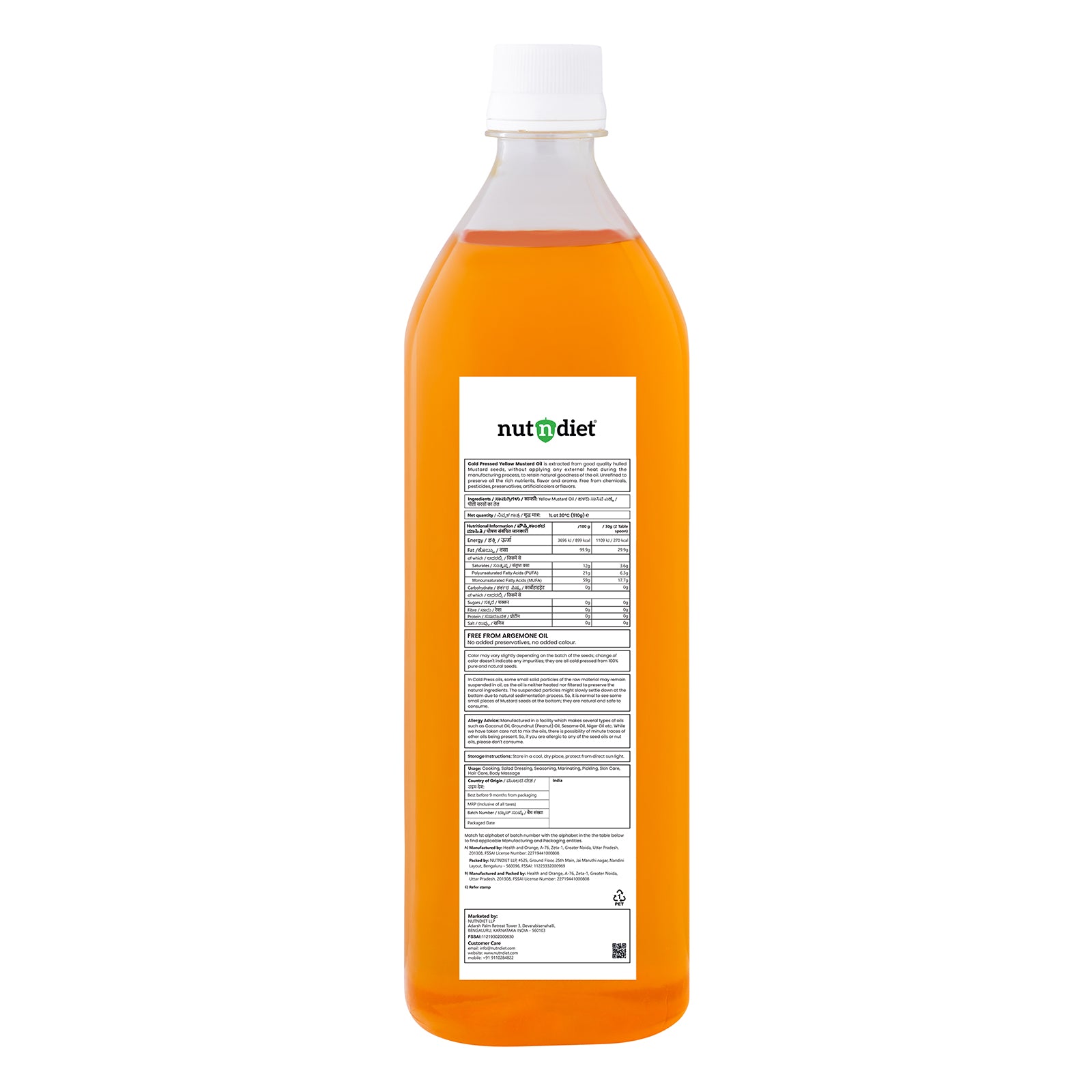 nutndiet Cold Pressed Yellow Mustard Oil 1 Litre PET Bottle - nutndiet
