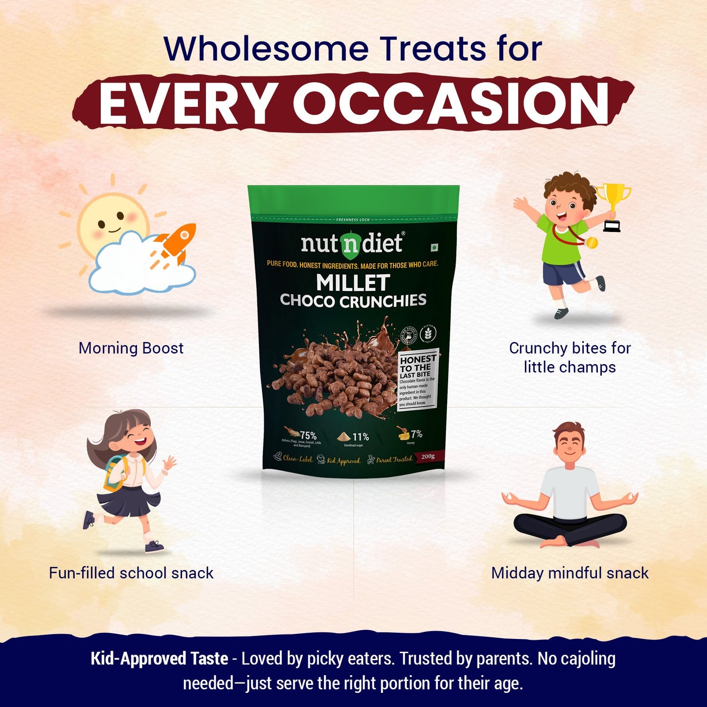 nutndiet® Millet Choco Crunchies | 75% Millets | Clean - label | Gluten - Free | Unrefined Sugar & Pure Honey | Kid - Approved | Parent Trusted | Peace of Mind in a Packet | 200g - nutndiet