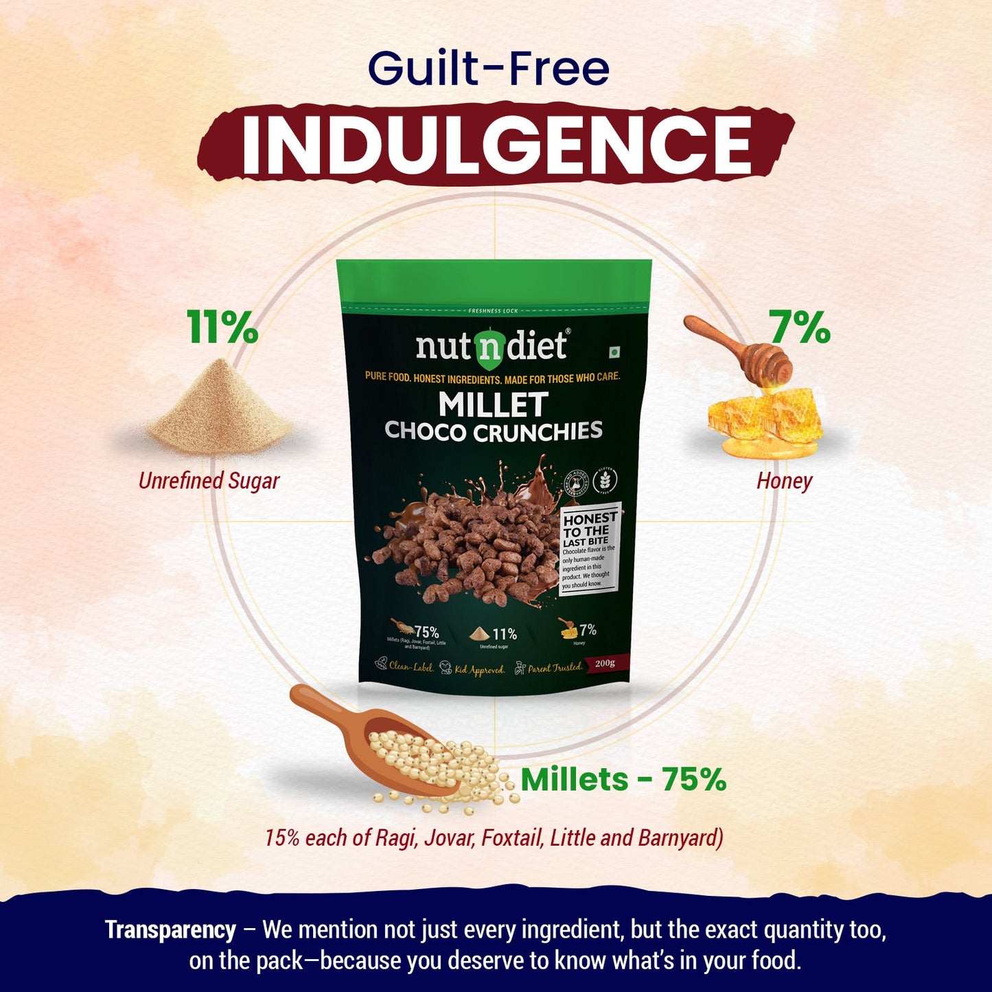 nutndiet® Millet Choco Crunchies | 75% Millets | Clean - label | Gluten - Free | Unrefined Sugar & Pure Honey | Kid - Approved | Parent Trusted | Peace of Mind in a Packet | 200g - nutndiet