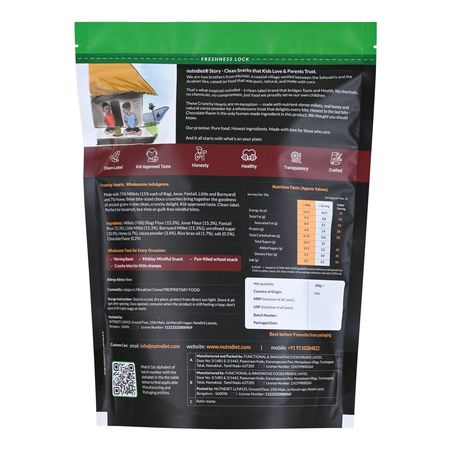 nutndiet® Millet Choco Crunchies | 75% Millets | Clean - label | Gluten - Free | Unrefined Sugar & Pure Honey | Kid - Approved | Parent Trusted | Peace of Mind in a Packet | 200g - nutndiet