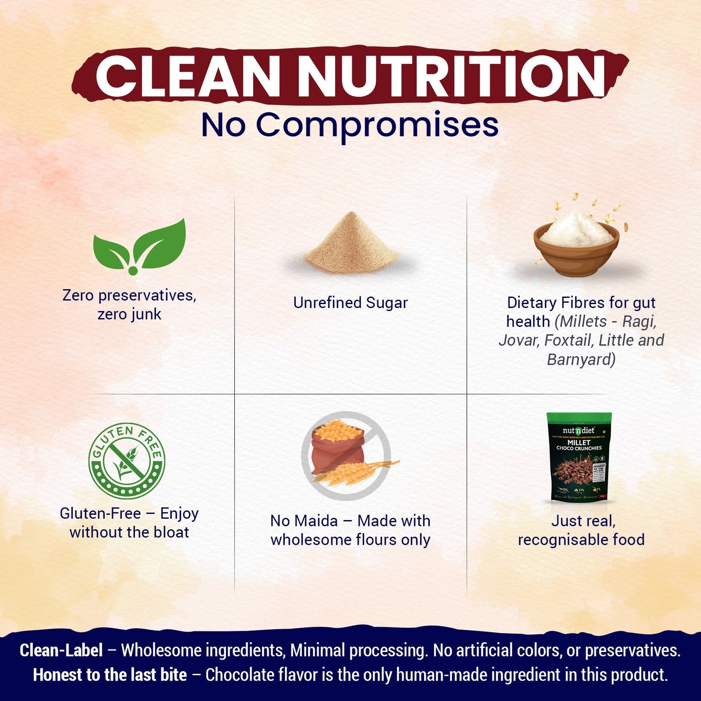 nutndiet® Millet Choco Crunchies | 75% Millets | Clean - label | Gluten - Free | Unrefined Sugar & Pure Honey | Kid - Approved | Parent Trusted | Peace of Mind in a Packet | 200g - nutndiet
