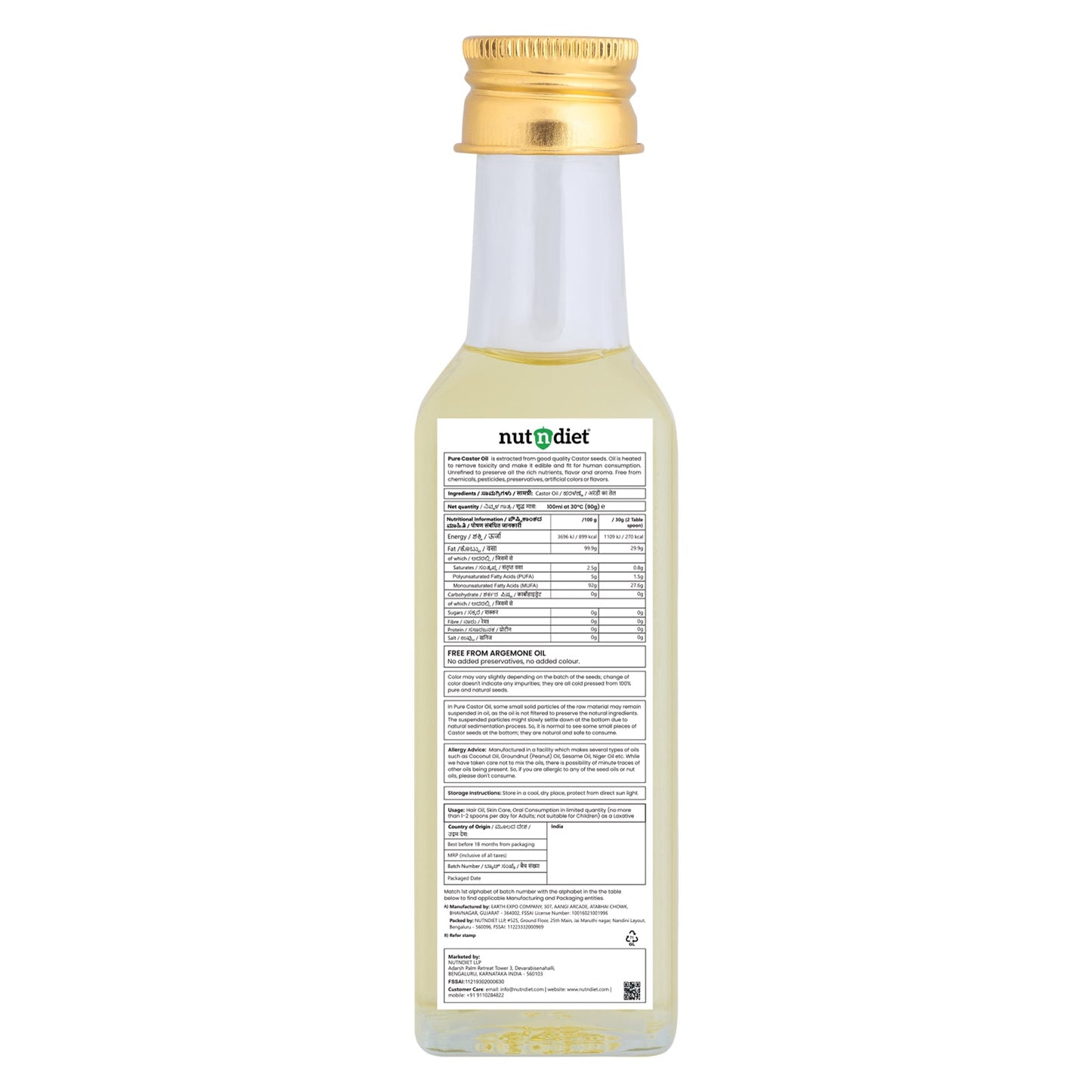 nutndiet Pure Natural Castor Oil 100ml Glass Bottle - nutndiet