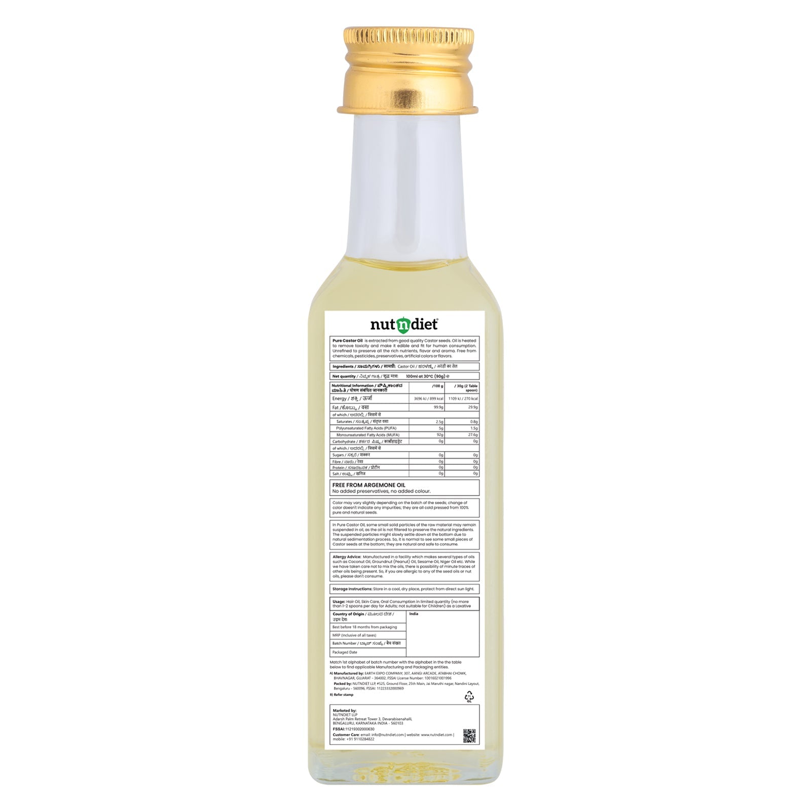 nutndiet Pure Natural Castor Oil 100ml Glass Bottle - nutndiet