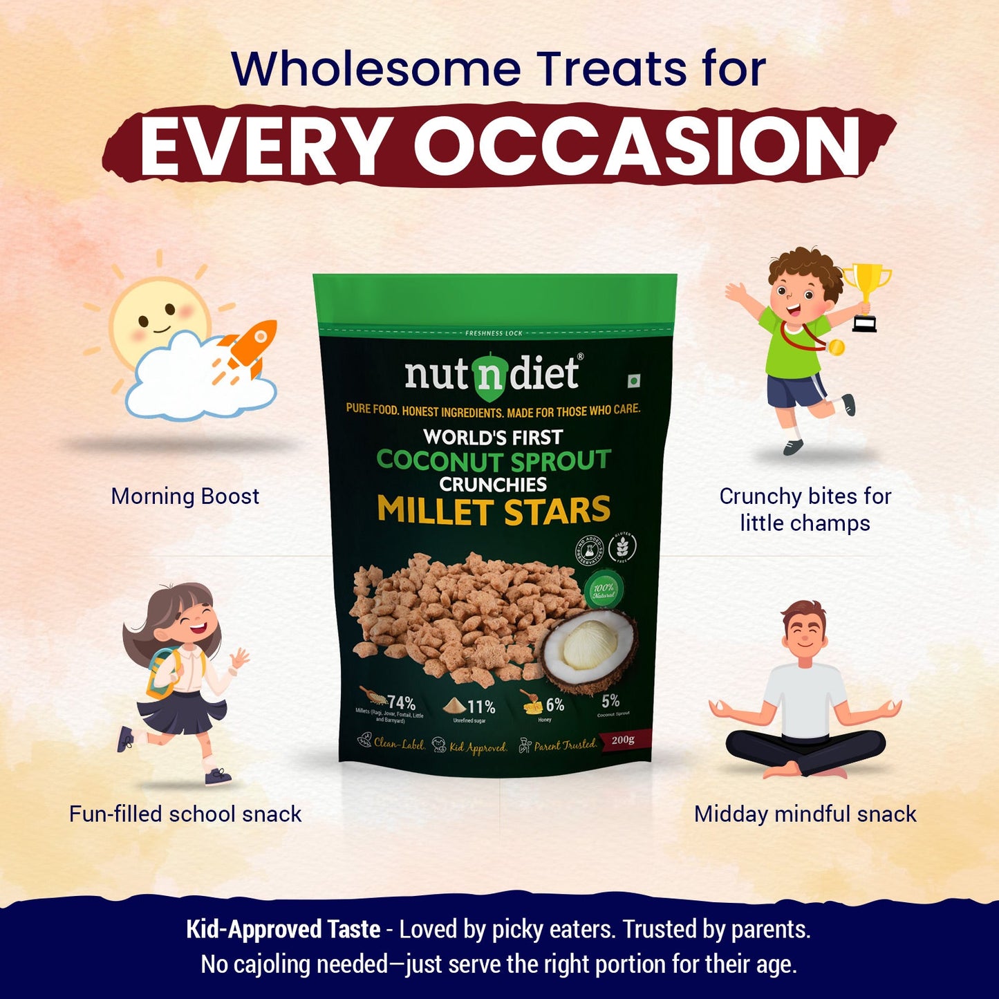 nutndiet® World's First Coconut Sprout Crunchy Millet Stars | 74% Millets | 100% Natural | Clean - label | Gluten - Free | Unrefined Sugar & Pure Honey | Kid - Approved | Parent Trusted | Peace of Mind in a Packet | 200g - nutndiet