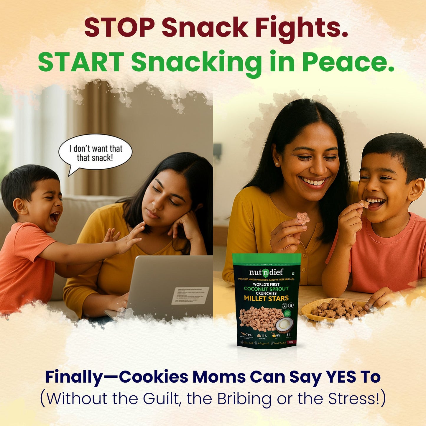 nutndiet® World's First Coconut Sprout Crunchy Millet Stars | 74% Millets | 100% Natural | Clean - label | Gluten - Free | Unrefined Sugar & Pure Honey | Kid - Approved | Parent Trusted | Peace of Mind in a Packet | 200g - nutndiet