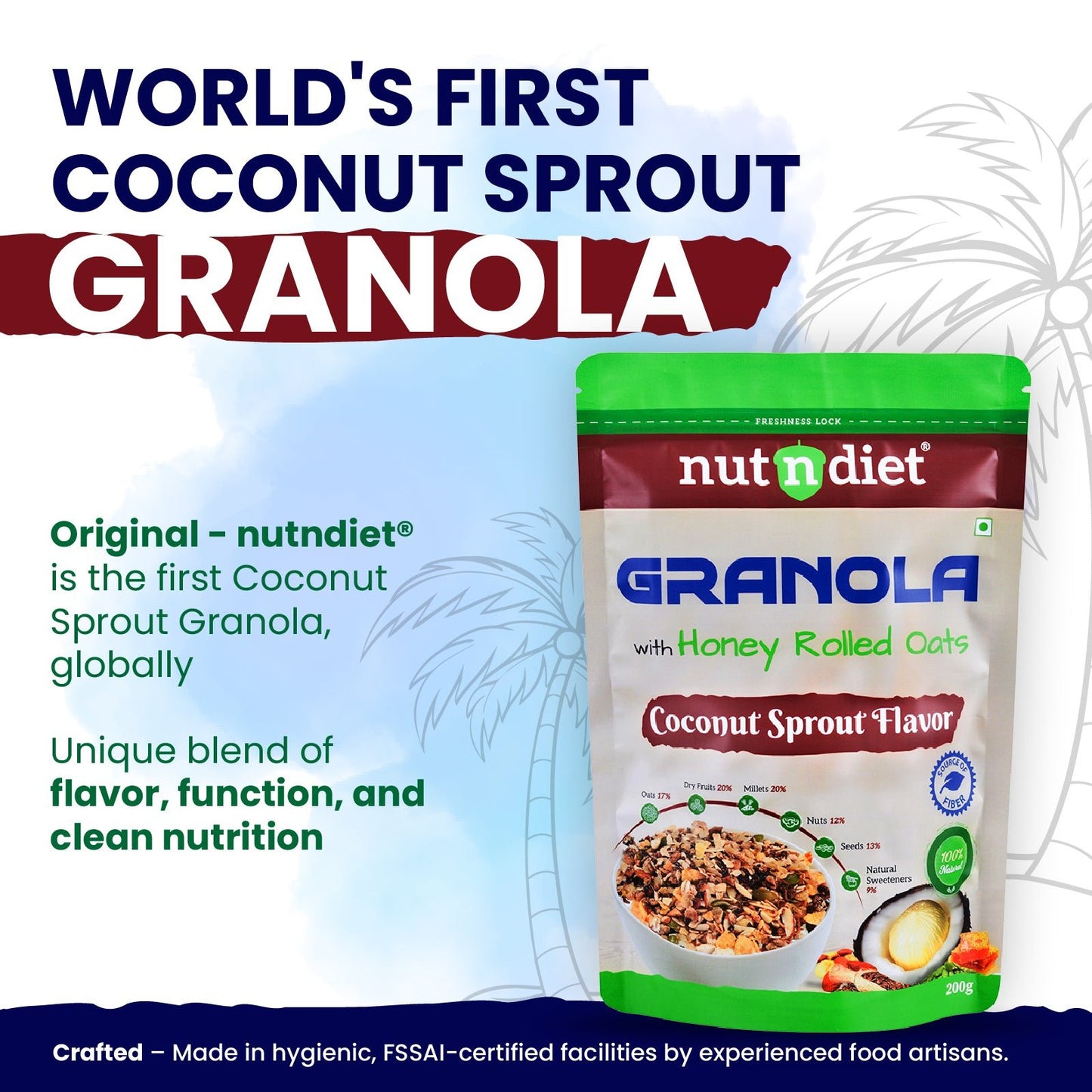 nutndiet® World’s First Coconut Sprout Granola | Honey Rolled Oats, Millets, Dry Fruits, Nuts & Seeds | 100% Natural, No Refined Sugar | Clean - Label Healthy Breakfast Cereal & Snack (200g) - nutndiet