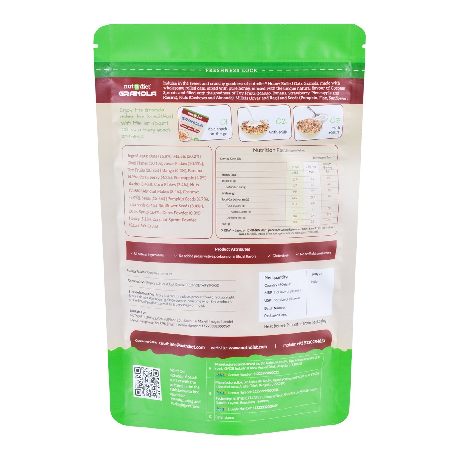 nutndiet® World’s First Coconut Sprout Granola | Honey Rolled Oats, Millets, Dry Fruits, Nuts & Seeds | 100% Natural, No Refined Sugar | Clean - Label Healthy Breakfast Cereal & Snack (200g) - nutndiet
