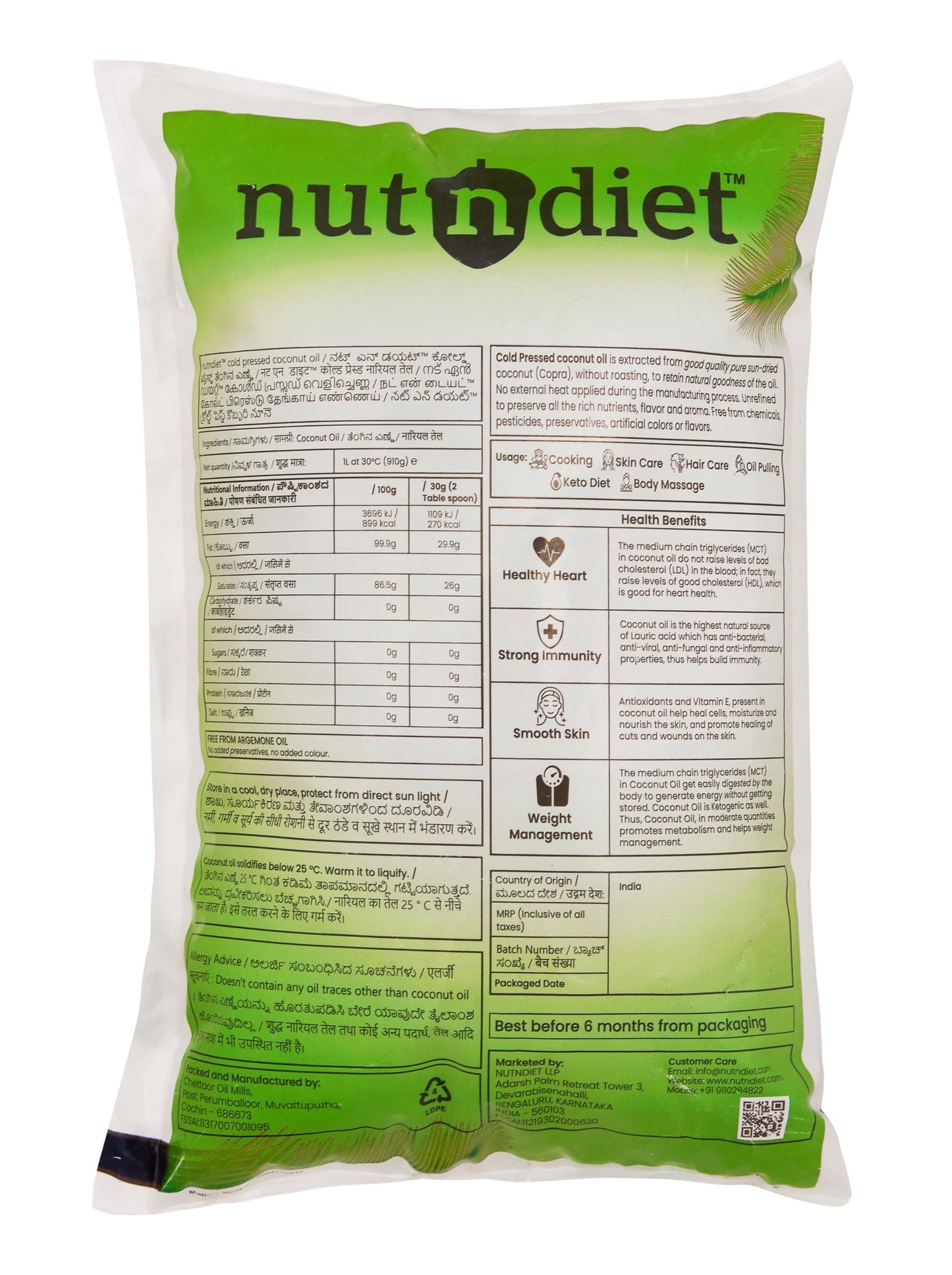 nutndiet Cold Pressed Coconut Oil For Baby Massage, Hair Care, Skin Care And Cooking, Pouch 1 Litre - nutndiet