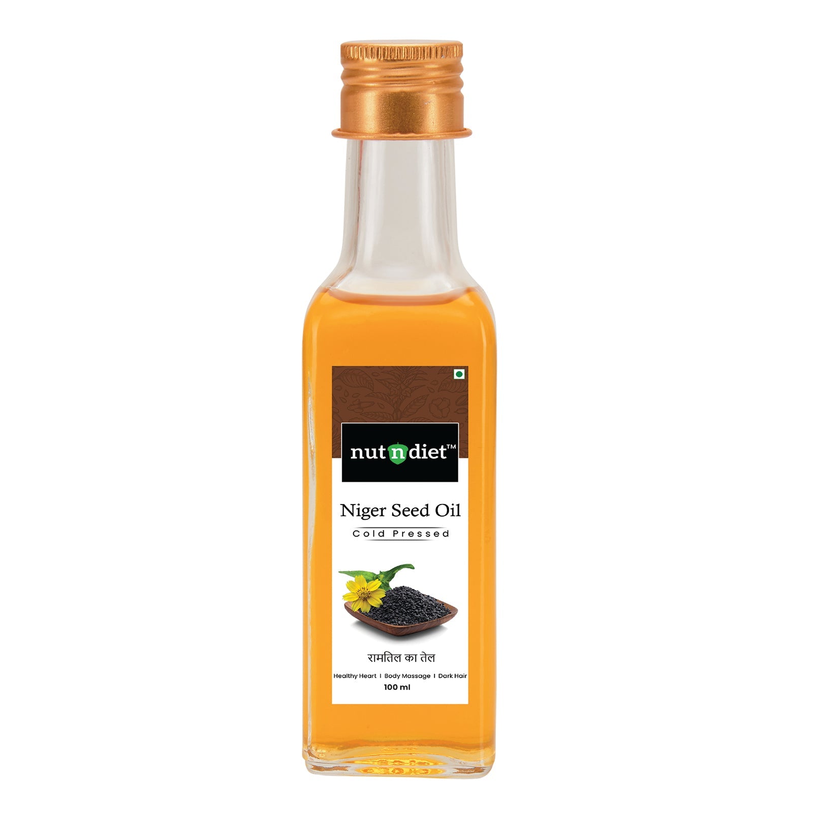 nutndiet Cold Pressed Niger Seed Oil, Heart Healthy Edible Ramtil ka Tel for Cooking, Body Massage and Hair Care, Glass Bottle 100ml - nutndiet