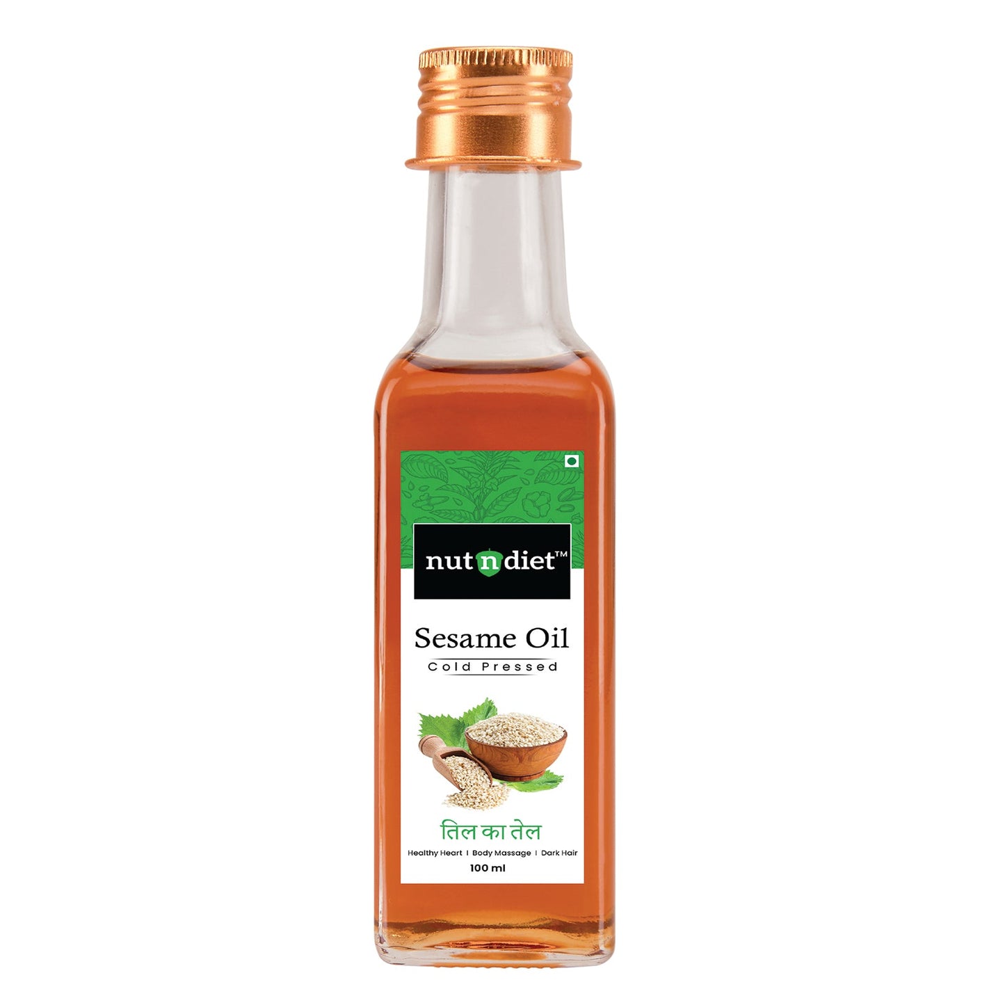 nutndiet Cold Pressed Sesame Oil, Heart Healthy Edible Til ka Tel for Cooking, Body Massage and Hair Care, Glass Bottle 100ml - nutndiet