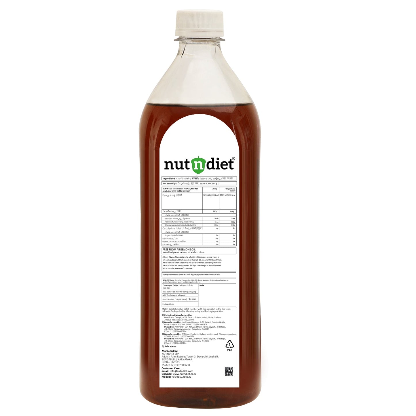 nutndiet Cold Pressed Sesame Oil, Heart Healthy Edible Til ka Tel for Cooking, Body Massage and Hair Care, PET Bottle 950ml - nutndiet