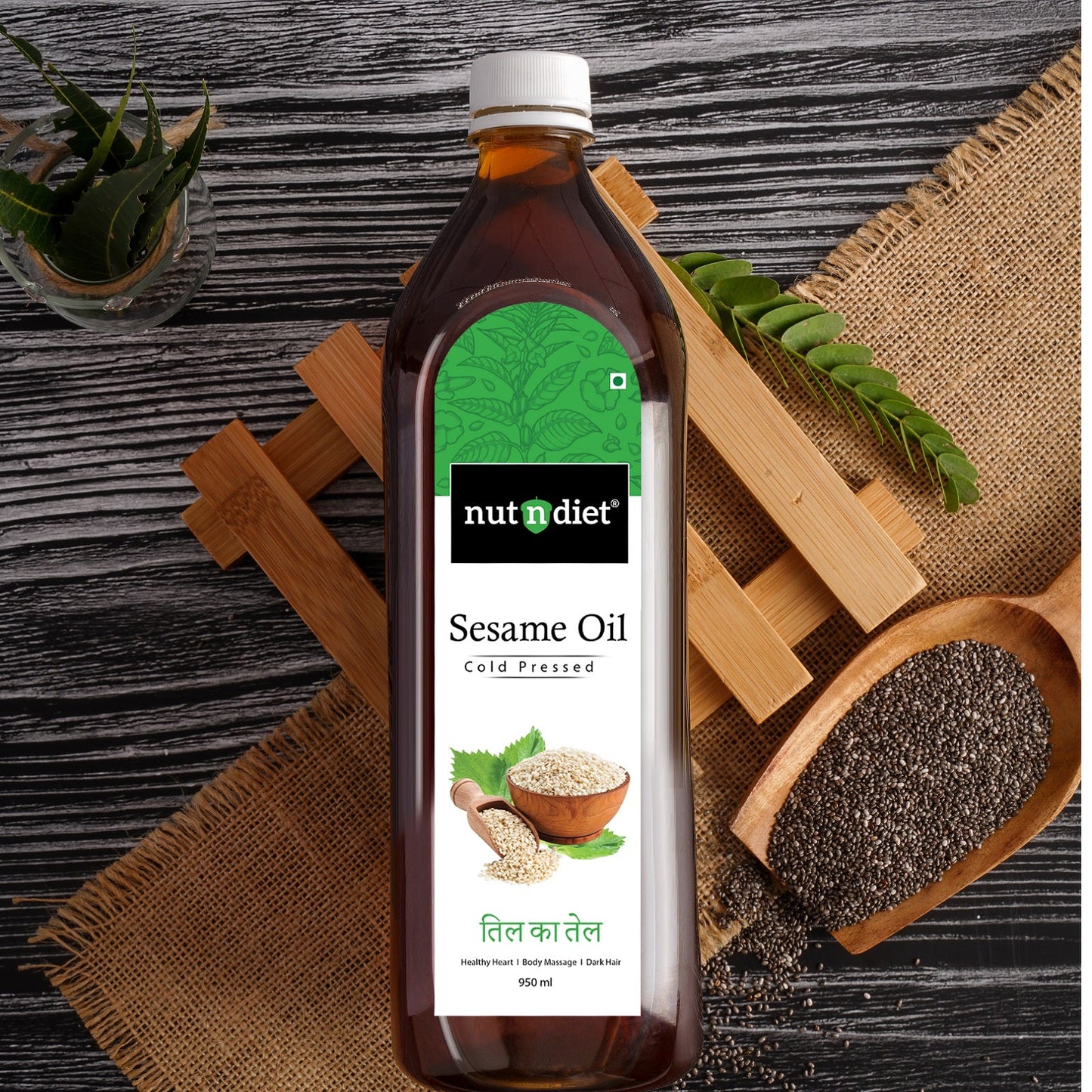 nutndiet Cold Pressed Sesame Oil, Heart Healthy Edible Til ka Tel for Cooking, Body Massage and Hair Care, PET Bottle 950ml - nutndiet