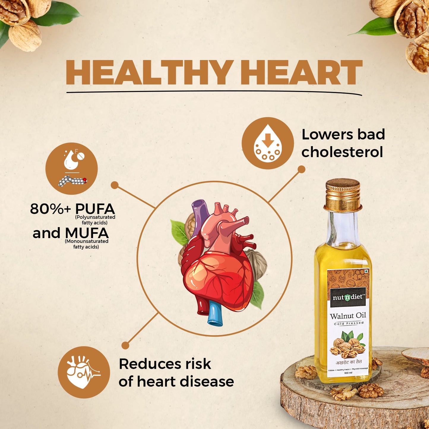 nutndiet Cold Pressed Walnut Oil, Pure Edible Akhrot Ka Tel, Glass Bottle 100ml - nutndiet