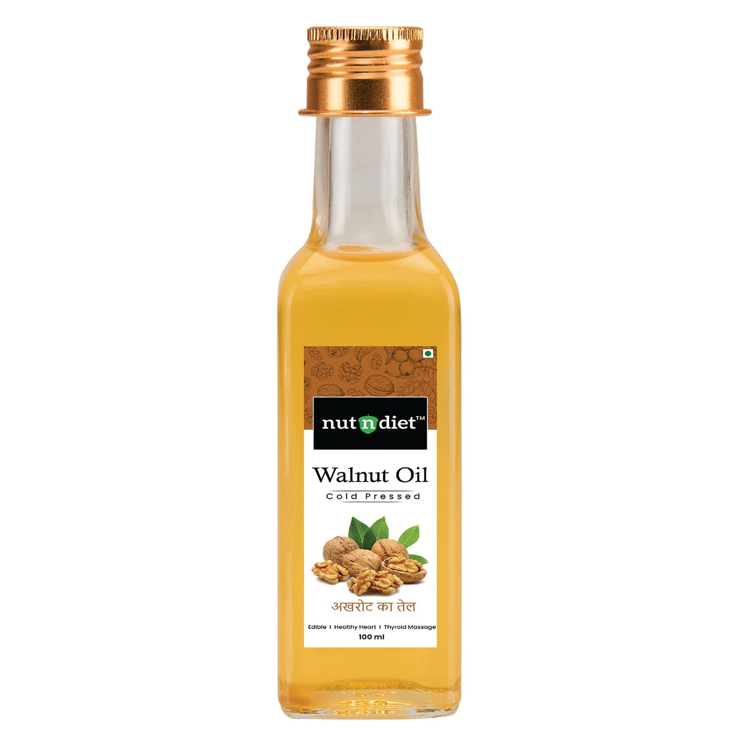 nutndiet Cold Pressed Walnut Oil, Pure Edible Akhrot Ka Tel, Glass Bottle 100ml - nutndiet