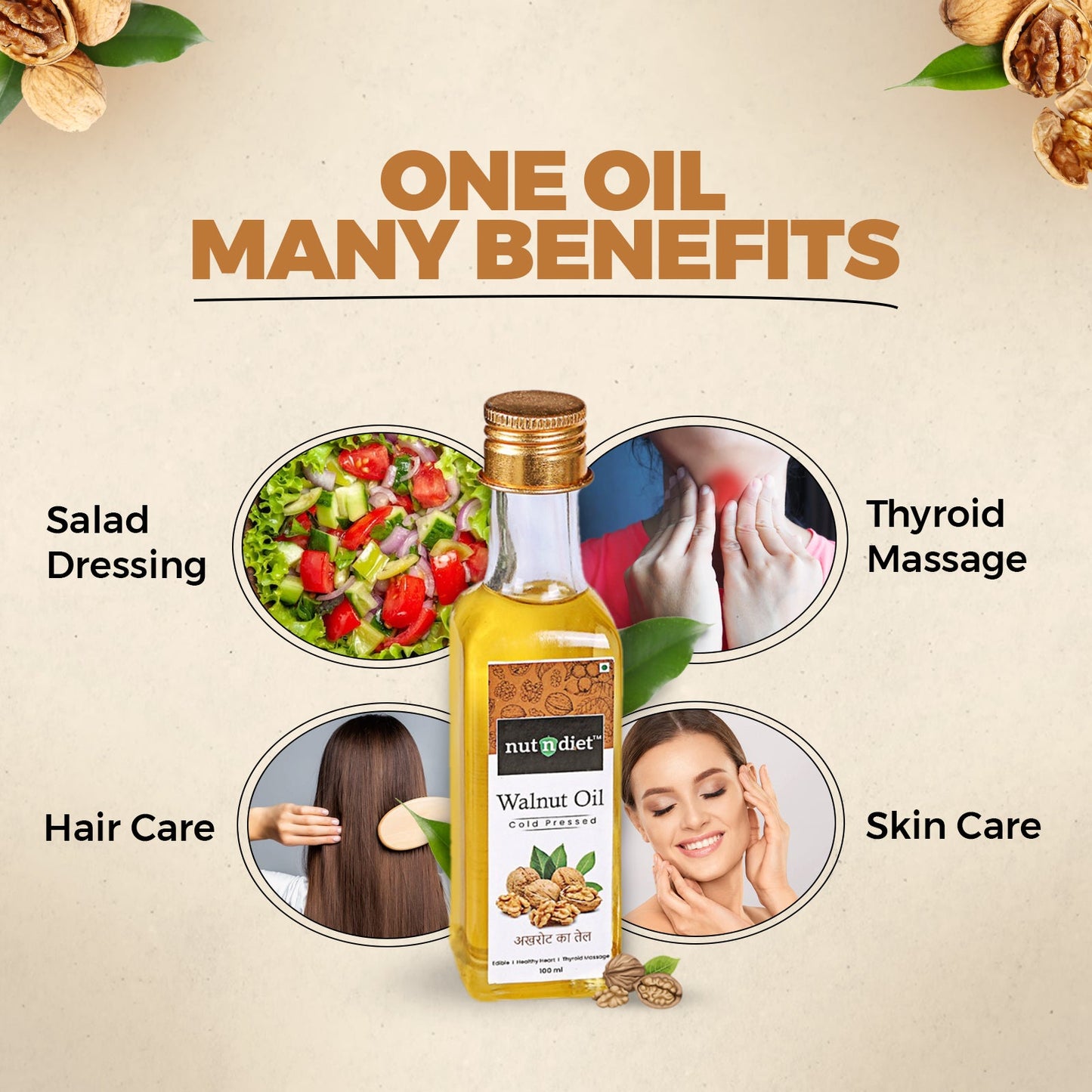 nutndiet Cold Pressed Walnut Oil, Pure Edible Akhrot Ka Tel, Glass Bottle 100ml - nutndiet