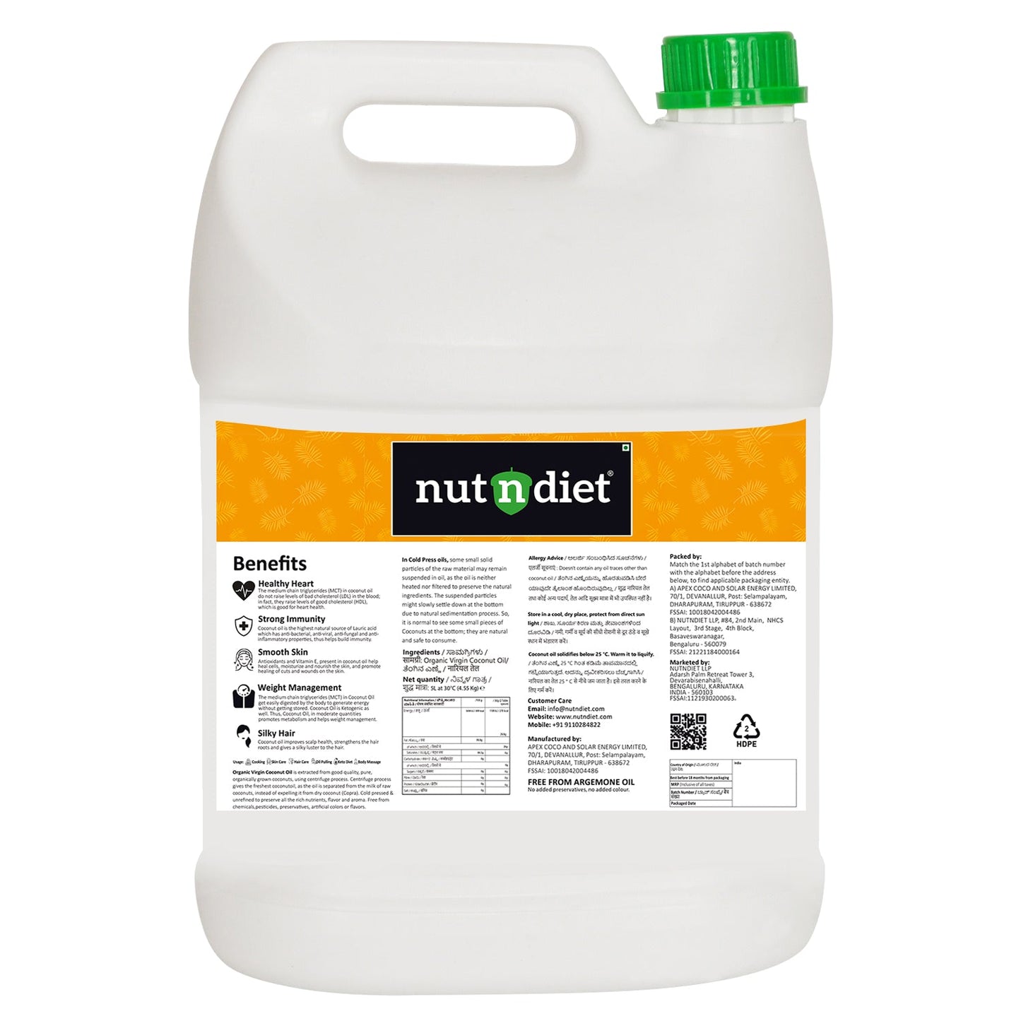 nutndiet Extra Virgin Coconut Oil Cold Pressed, Pure Organic Coconut Oil For Baby Massage, Hair Care, Skin Care And Cooking, CAN 5 Litre - nutndiet
