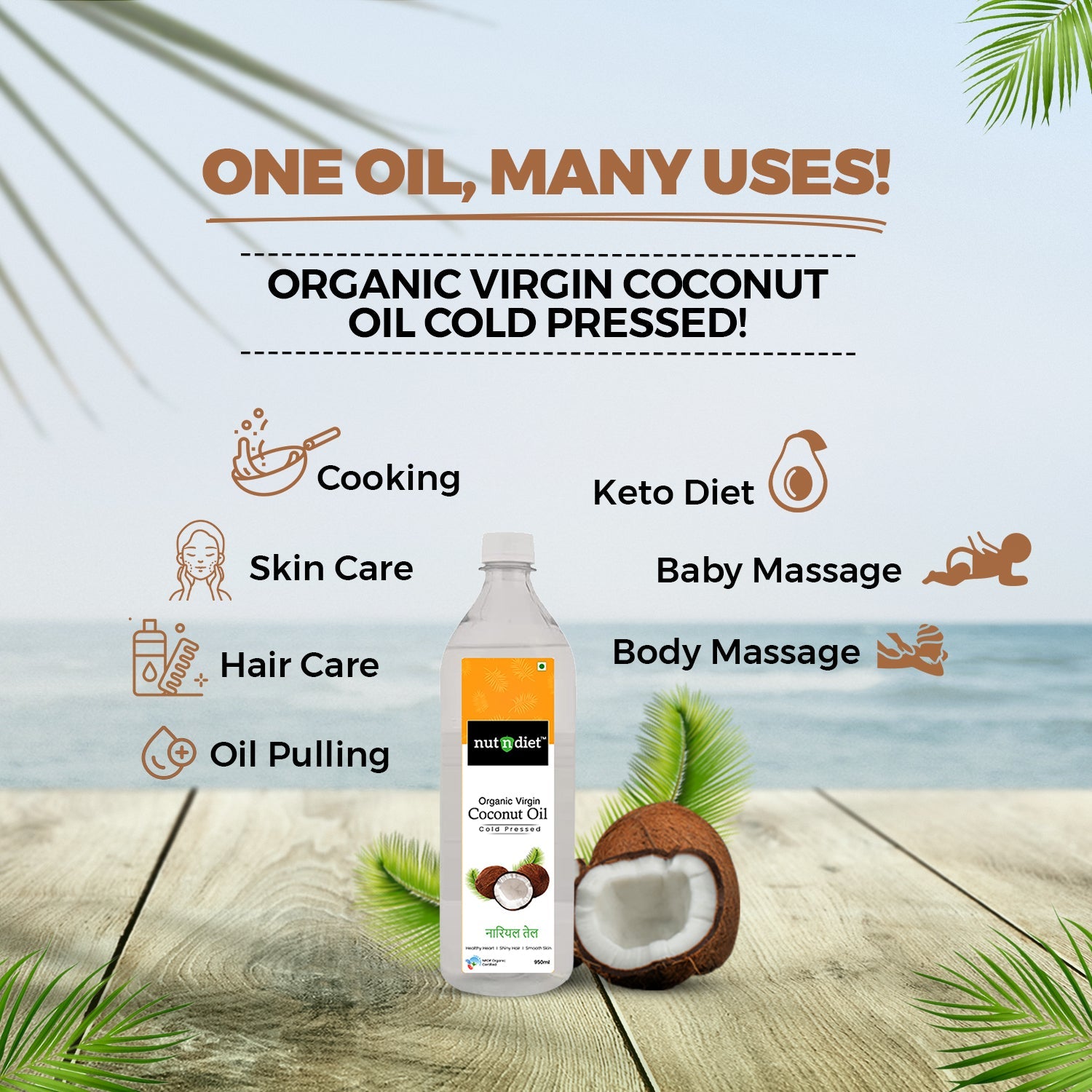 nutndiet Extra Virgin Coconut Oil Cold Pressed, Pure Organic Coconut Oil For Baby Massage, Hair Care, Skin Care And Cooking, Glass Bottle 100ml - nutndiet