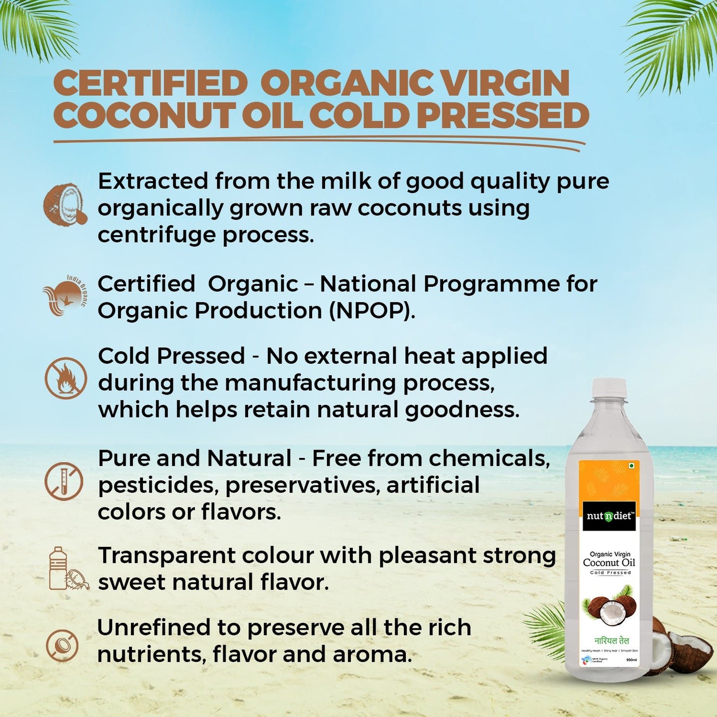 nutndiet Extra Virgin Coconut Oil Cold Pressed, Pure Organic Coconut Oil For Baby Massage, Hair Care, Skin Care And Cooking, PET Bottle 950ml - nutndiet