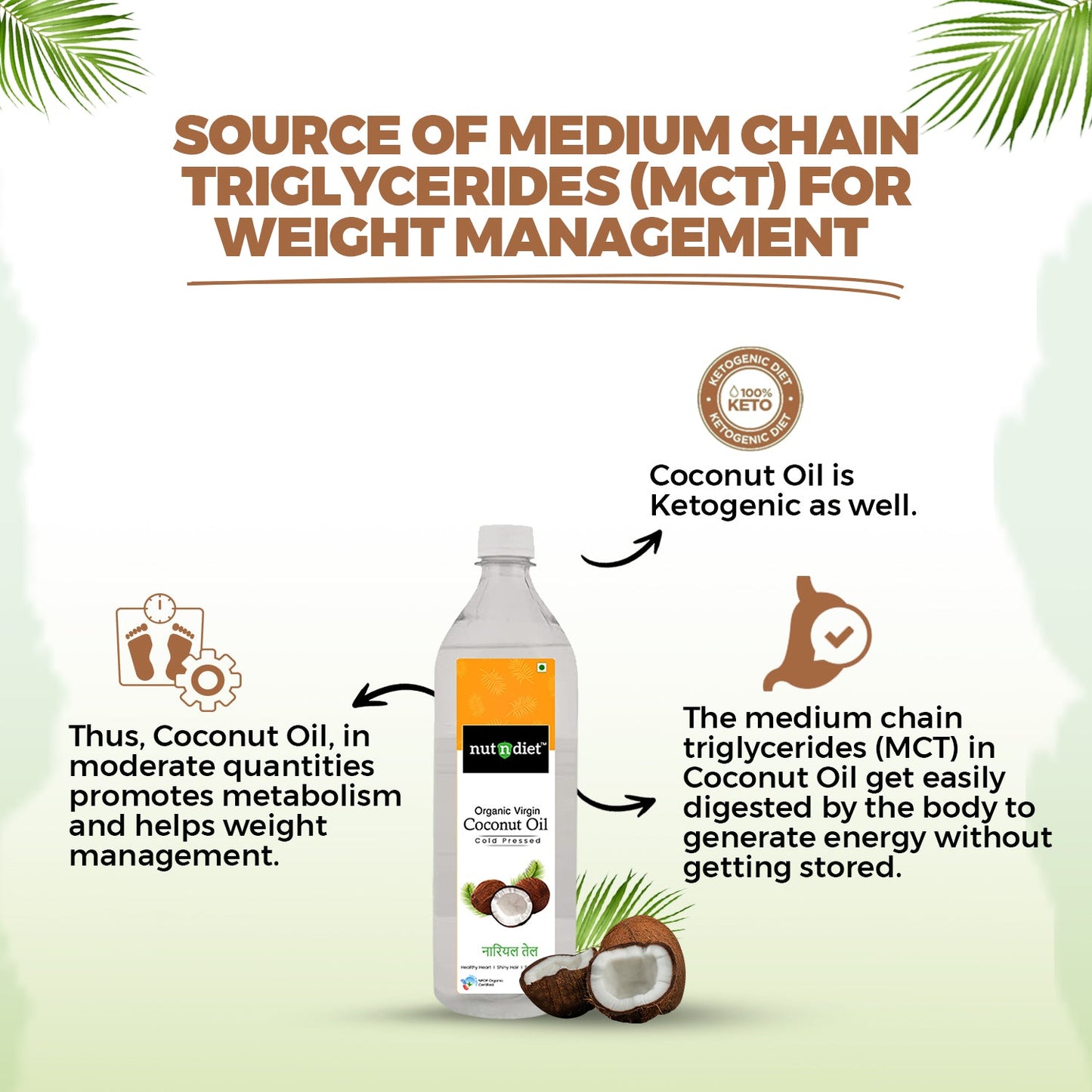 nutndiet Extra Virgin Coconut Oil Cold Pressed, Pure Organic Coconut Oil For Baby Massage, Hair Care, Skin Care And Cooking, PET Bottle 950ml - nutndiet