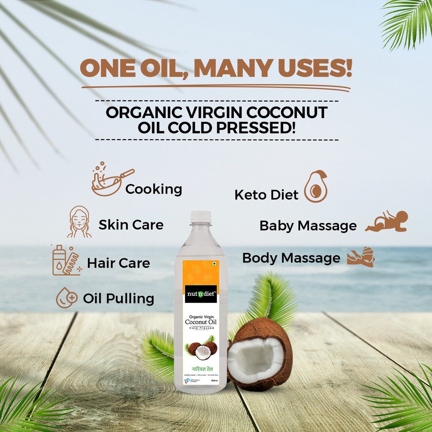 nutndiet Extra Virgin Coconut Oil Cold Pressed, Pure Organic Coconut Oil For Baby Massage, Hair Care, Skin Care And Cooking, PET Bottle 950ml - nutndiet