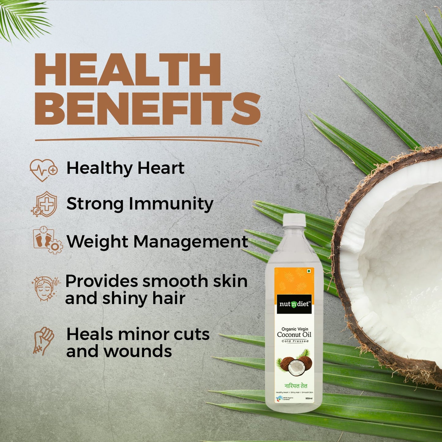 nutndiet Extra Virgin Coconut Oil Cold Pressed, Pure Organic Coconut Oil For Baby Massage, Hair Care, Skin Care And Cooking, PET Bottle 950ml - nutndiet