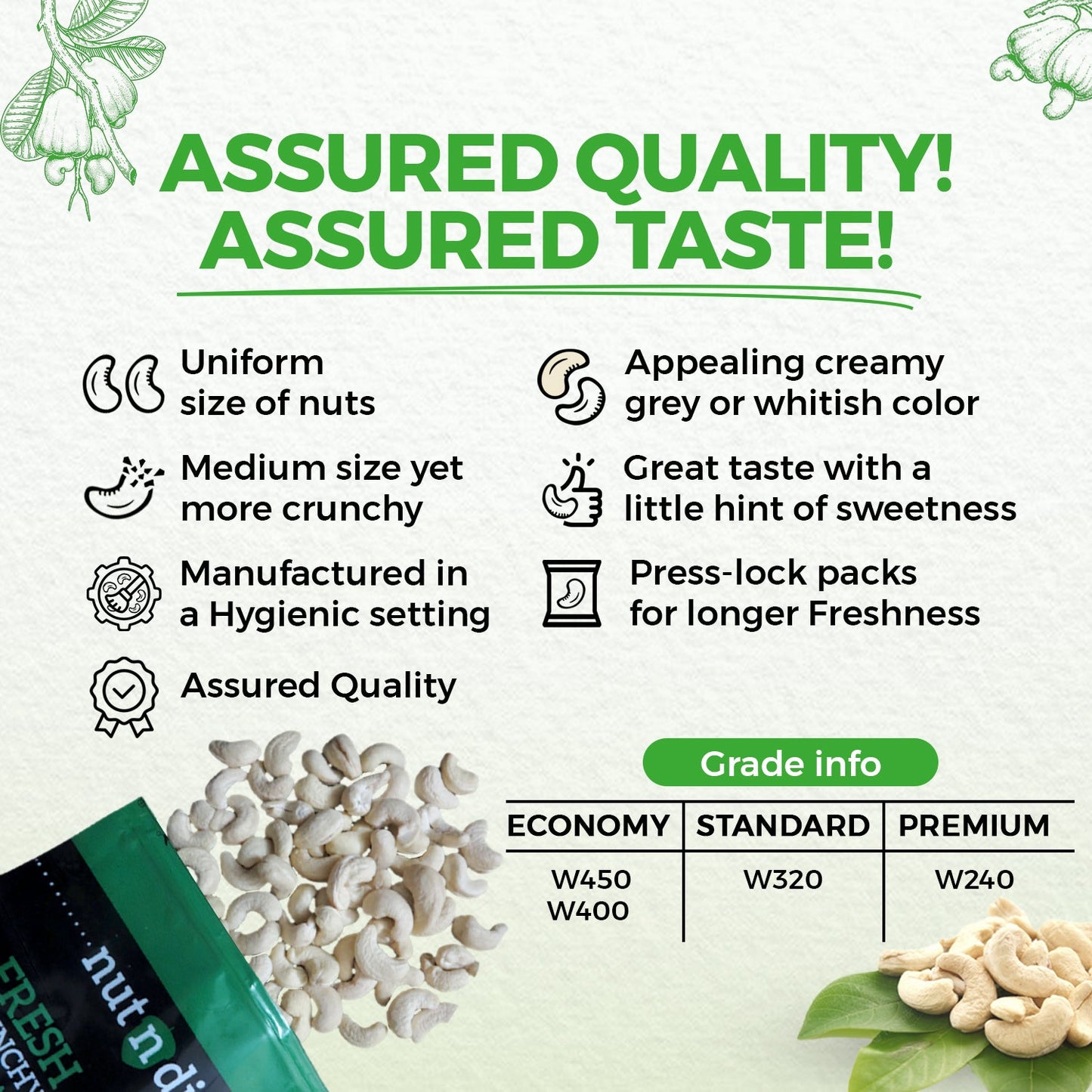 nutndiet Fresh Crunchy Standard Cashews 500g, W320 Grade medium size quality cashew nuts (kaju 500gm W320) - nutndiet