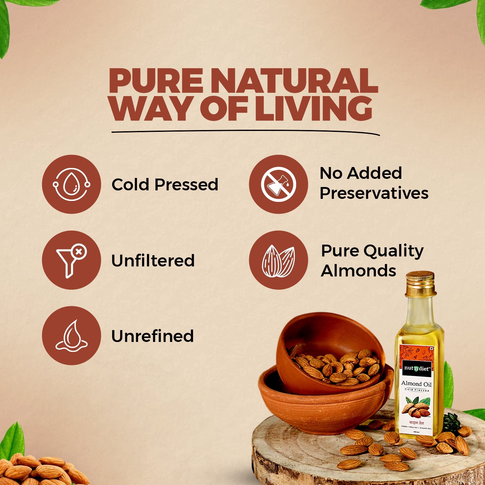 nutndiet Sweet Almond Oil, Pure Cold Pressed Edible Badam Tel, Glass Bottle 100ml - nutndiet