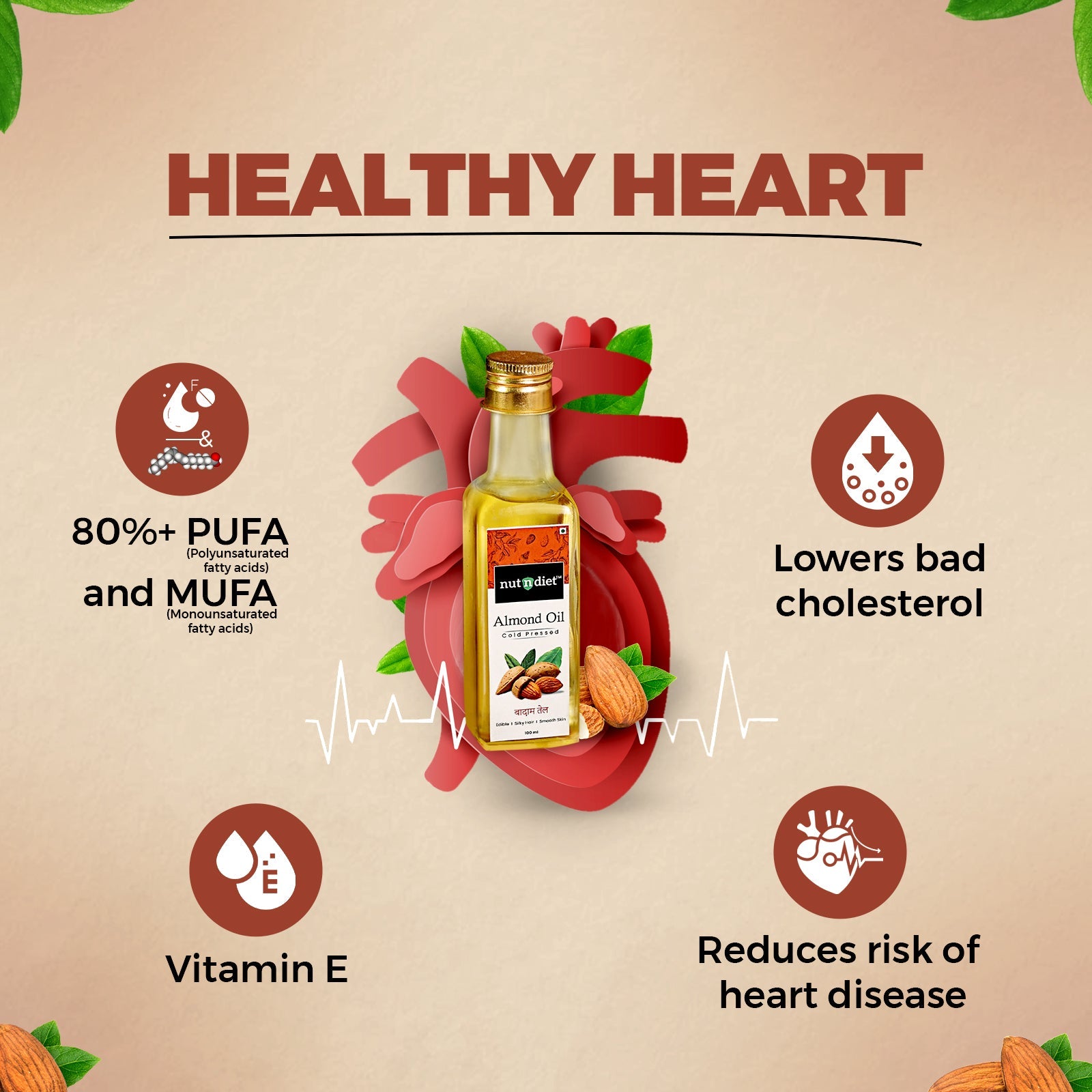 nutndiet Sweet Almond Oil, Pure Cold Pressed Edible Badam Tel, Glass Bottle 100ml - nutndiet