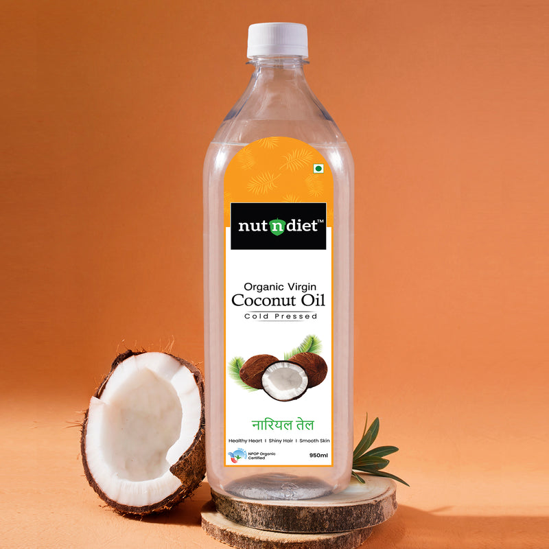 nutndiet Extra Virgin Coconut Oil Cold Pressed, Pure Organic Coconut Oil For Baby Massage, Hair Care, Skin Care And Cooking, PET Bottle 950ml