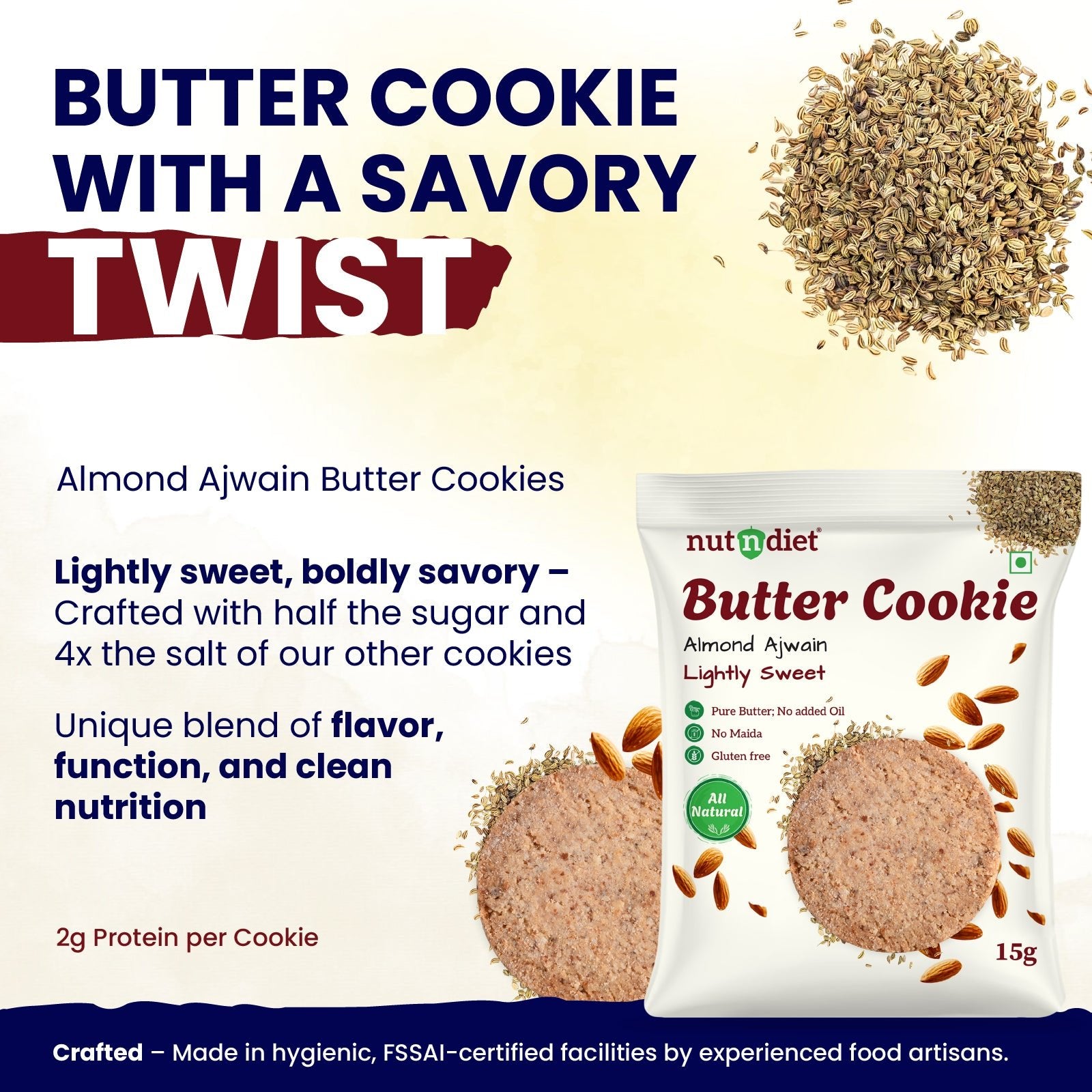 nutndiet® Almond Ajwain Butter Cookie - Butter Cookie with a Savory Twist - 100% Natural | Clean - label | Gluten - Free | 2g Protein per Cookie | Kid - Approved | Parent Trusted | 1 Box of 15g x 10 Packs - nutndiet