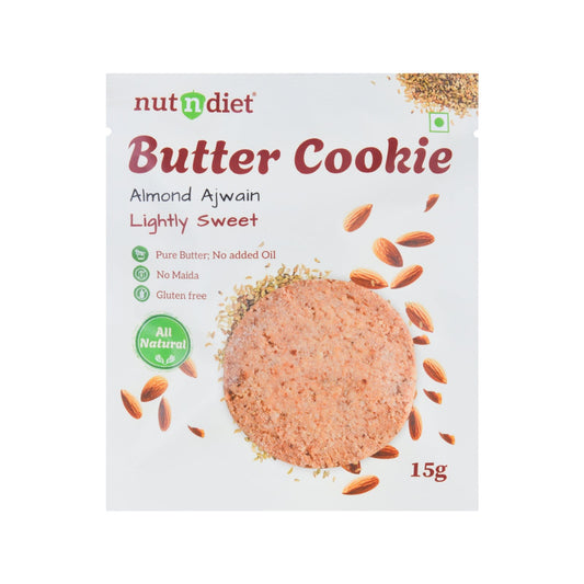 nutndiet® Almond Ajwain Butter Cookie - Butter Cookie with a Savory Twist - 100% Natural | Clean - label | Gluten - Free | 2g Protein per Cookie | Kid - Approved | Parent Trusted | 1 Box of 15g x 10 Packs - nutndiet