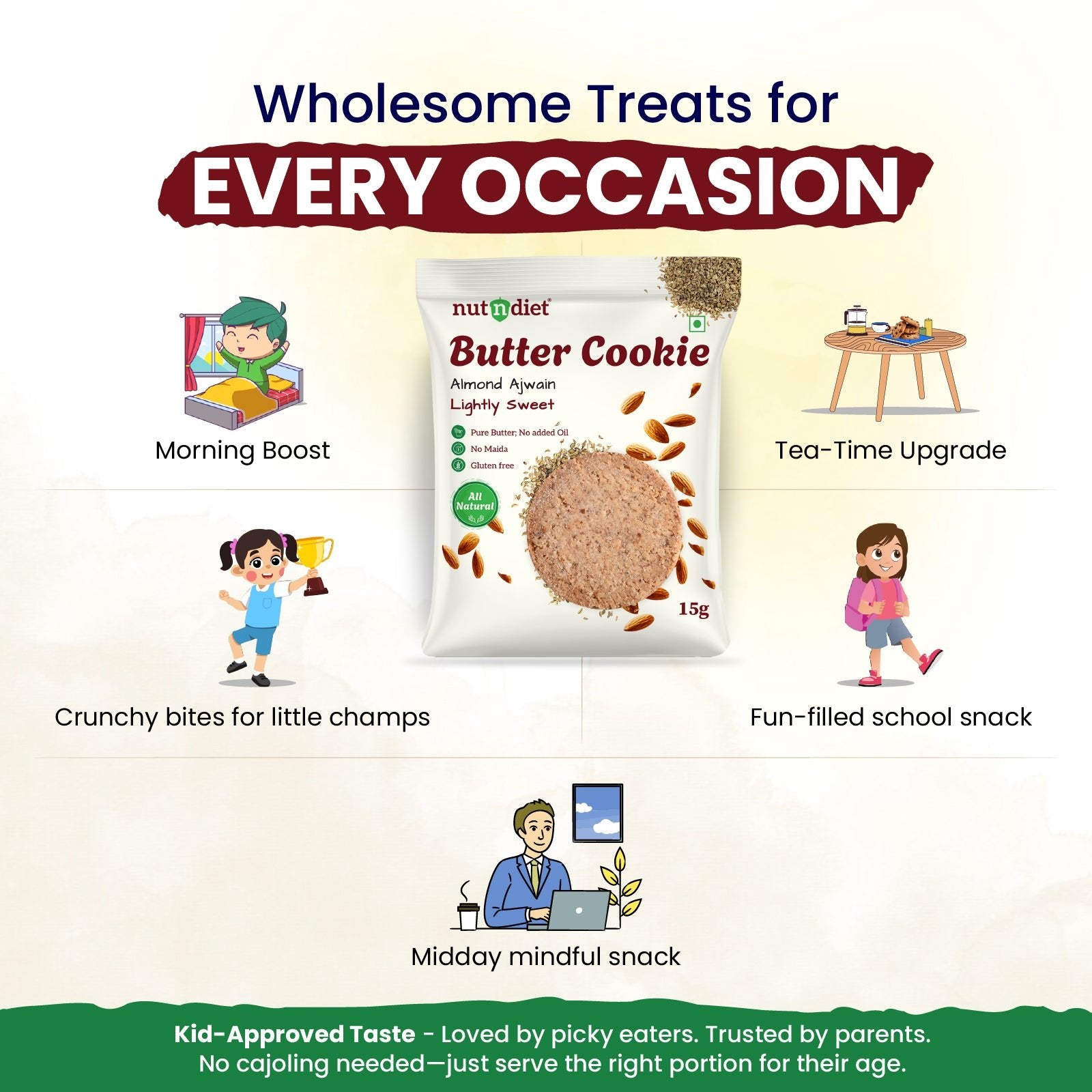 nutndiet® Almond Ajwain Butter Cookie - Butter Cookie with a Savory Twist - 100% Natural | Clean - label | Gluten - Free | 2g Protein per Cookie | Kid - Approved | Parent Trusted | 1 Box of 15g x 10 Packs - nutndiet