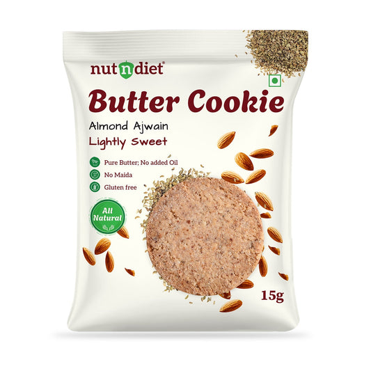 nutndiet® Almond Ajwain Butter Cookies - Butter Cookie with a Savory Twist - 100% Natural | Clean - label | Gluten - Free | 2g Protein per Cookie | Kid - Approved | Parent Trusted | 1 Box of 15g x 10 Packs - nutndiet