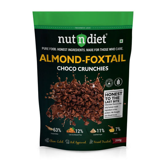 nutndiet® Almond Foxtail Choco Crunchies | 12% Low Fat Almond Flour | 63% Foxtail Millet | Clean - label | Gluten - Free | Unrefined Sugar & Pure Honey | Kid - Approved | Parent Trusted | Peace of Mind in a Packet | 200g - nutndiet