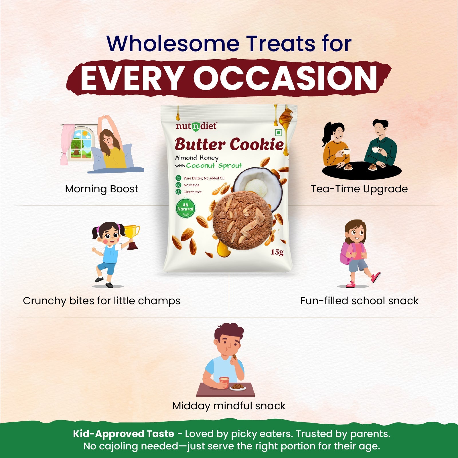 nutndiet® Almond Honey Butter Cookie - World’s First Coconut Sprout Cookie - 100% Natural | Clean - label | Gluten - Free | 1.4g Protein per Cookie | Kid - Approved | Parent Trusted | 1 Box of 15g x 10 Packs - nutndiet