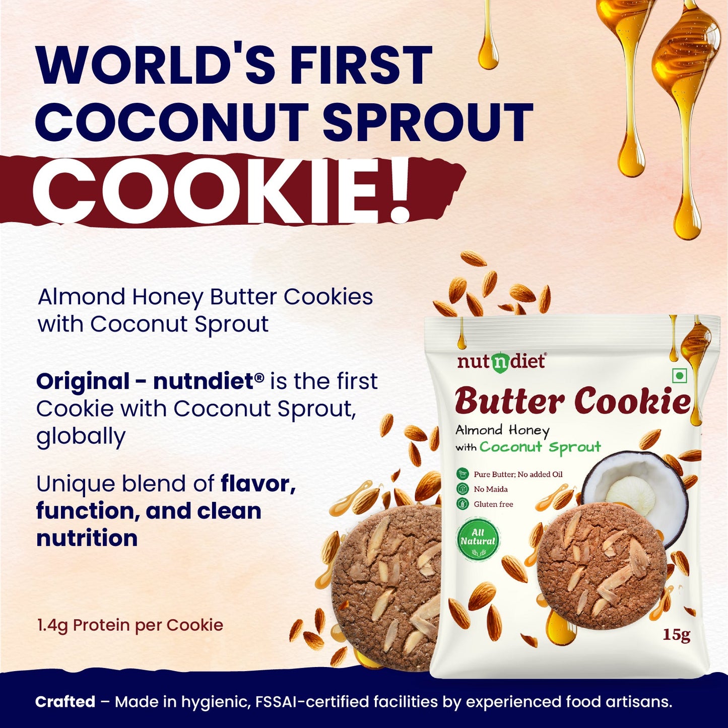 nutndiet® Almond Honey Butter Cookie - World’s First Coconut Sprout Cookie - 100% Natural | Clean - label | Gluten - Free | 1.4g Protein per Cookie | Kid - Approved | Parent Trusted | 1 Box of 15g x 10 Packs - nutndiet