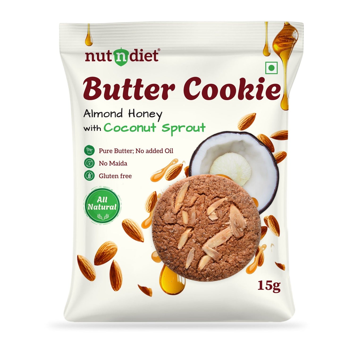 nutndiet® Almond Honey Butter Cookies - World’s First Coconut Sprout Cookie - 100% Natural | Clean - label | Gluten - Free | 1.4g Protein per Cookie | Kid - Approved | Parent Trusted | 1 Box of 15g x 10 Packs - nutndiet