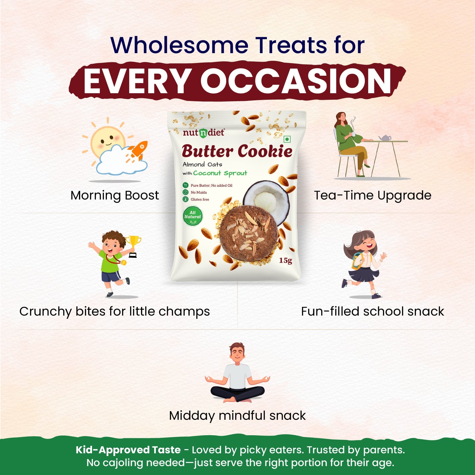 nutndiet® Almond Oats Butter Cookie - World’s First Coconut Sprout Cookie - 100% Natural | Clean - label | Gluten - Free | 2g Protein per Cookie | Kid - Approved | Parent Trusted | 1 Box of 15g x 10 Packs - nutndiet